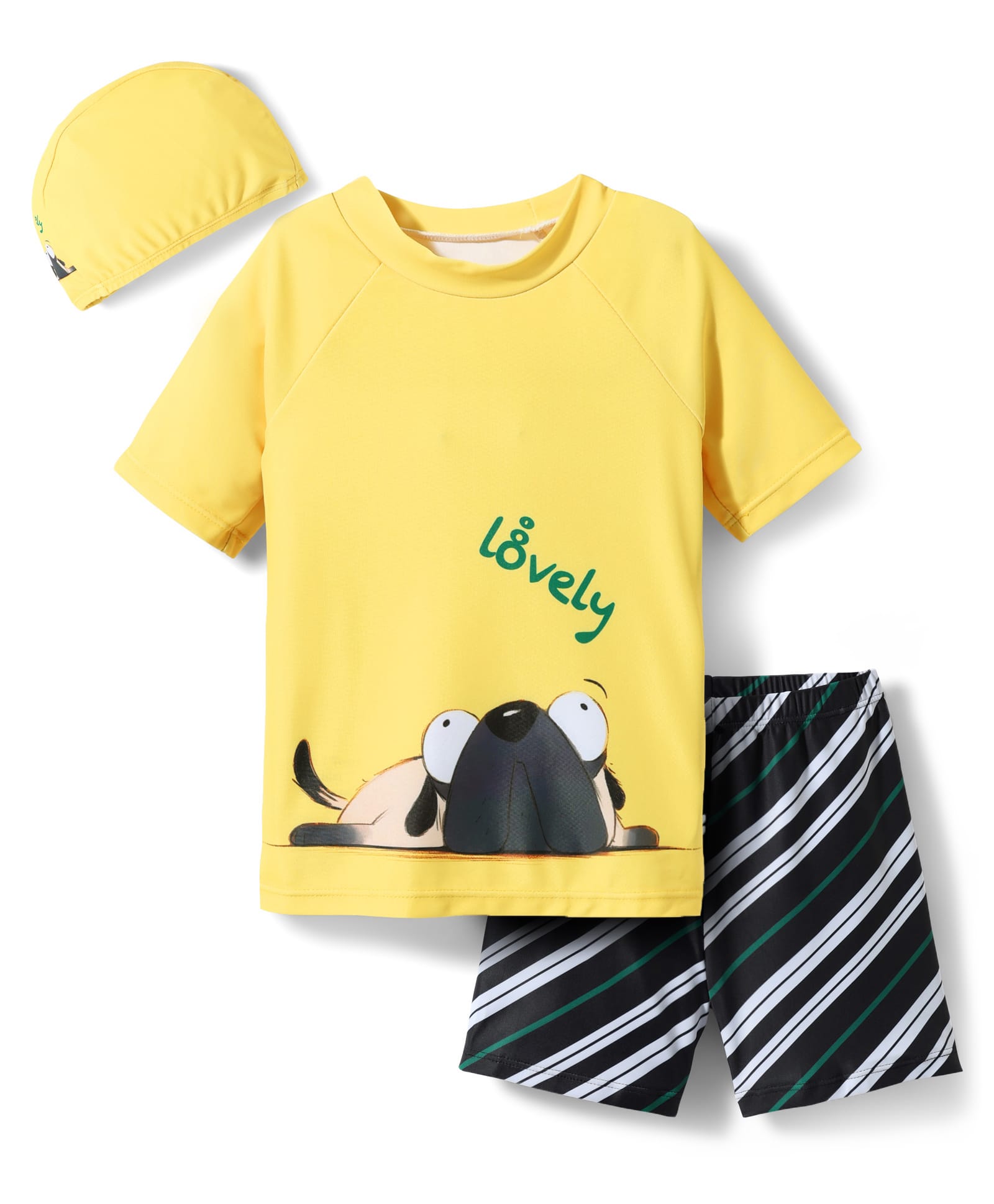 KIDLINGSS Half Sleeves Striped & Dog Printed 2 Piece Swimsuit With Cap Set - Yellow-image-39