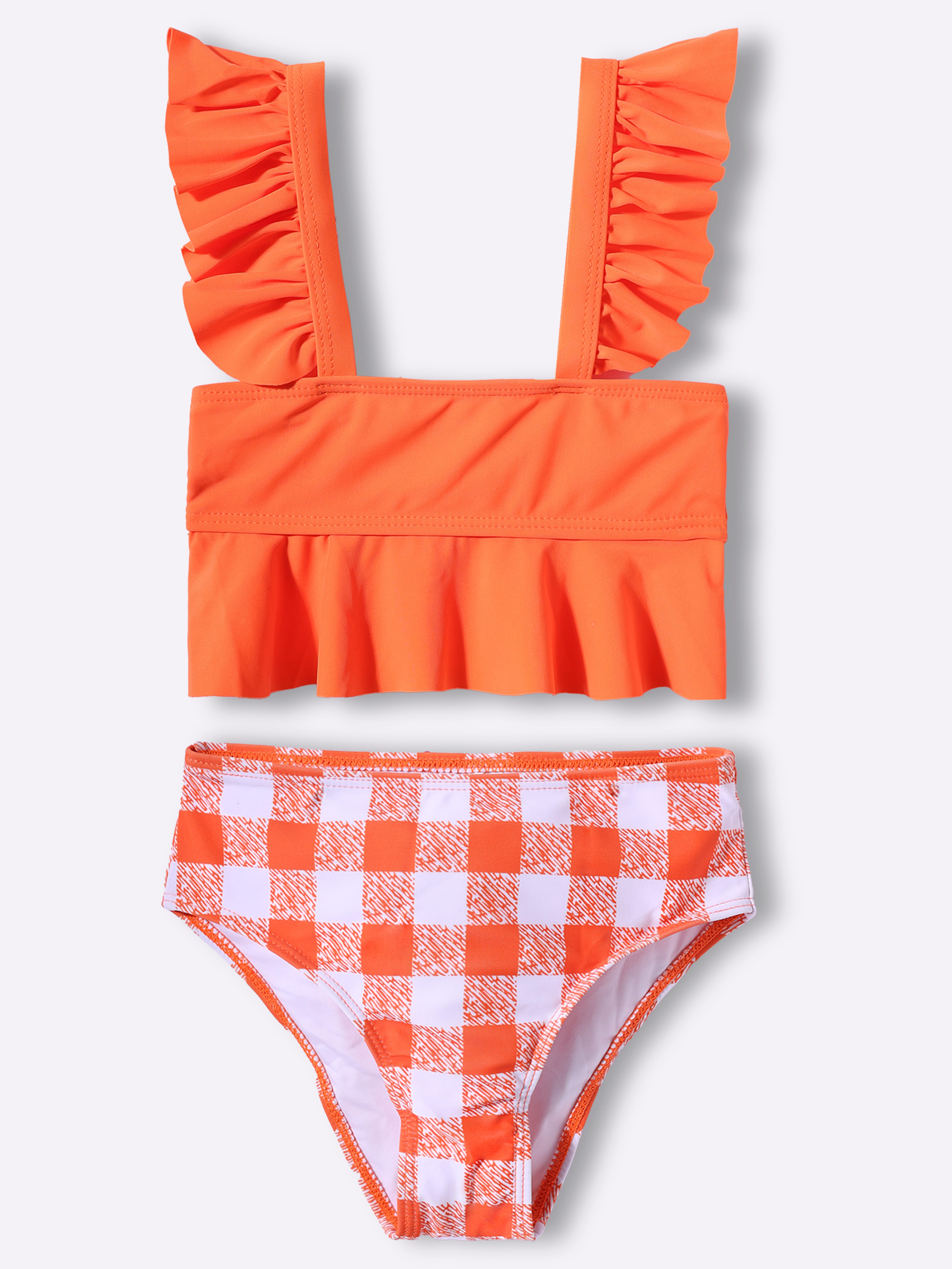 KIDLINGSS Sleeveless Solid Ruffle Detailed Spaghetti Style & Checked 2 Piece Swimsuit - Neon Orange-image-31