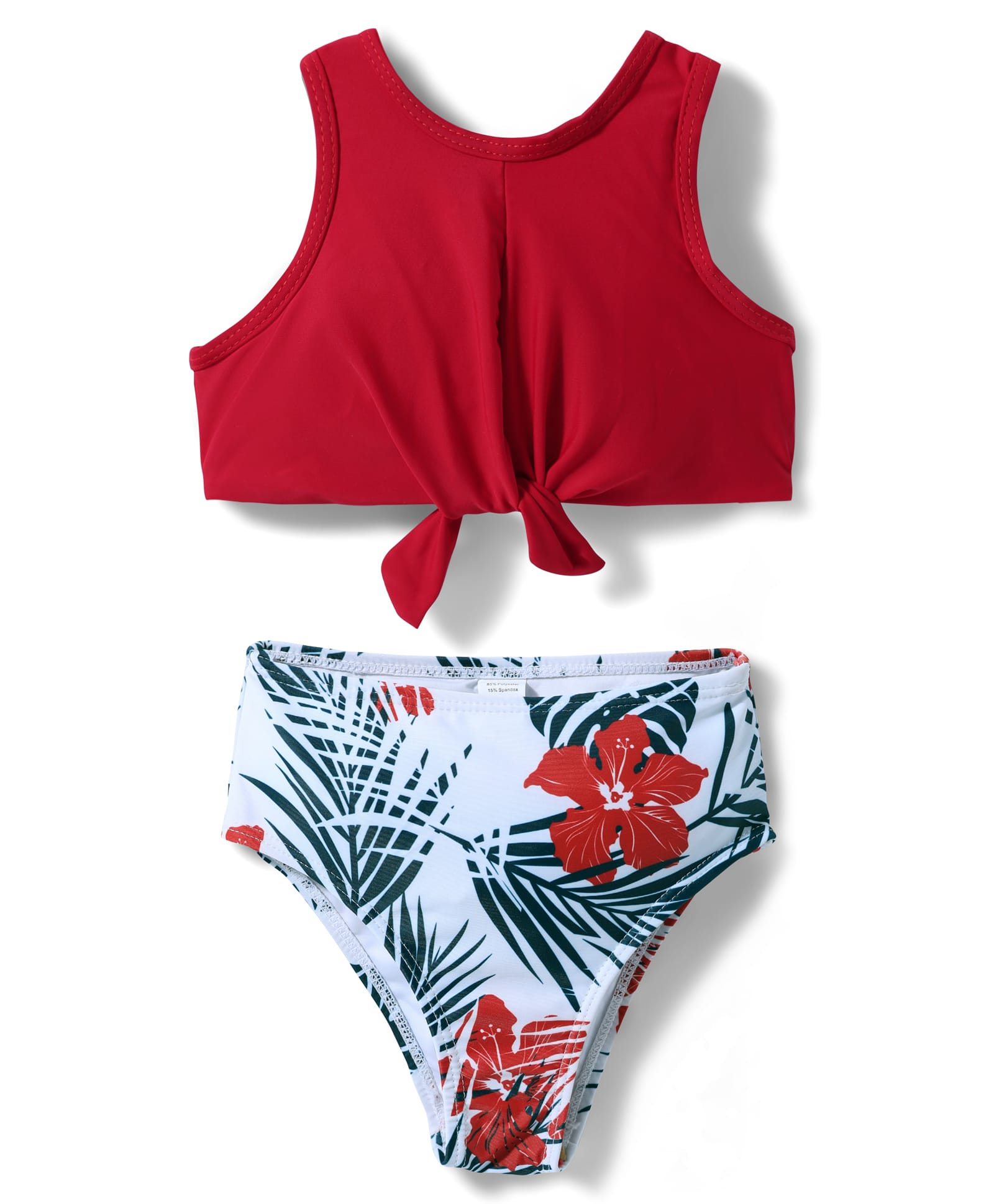 KIDLINGSS Sleeveless Solid Knot Detailed & Leaves Printed 2 Piece Swimsuit - Red-image-10