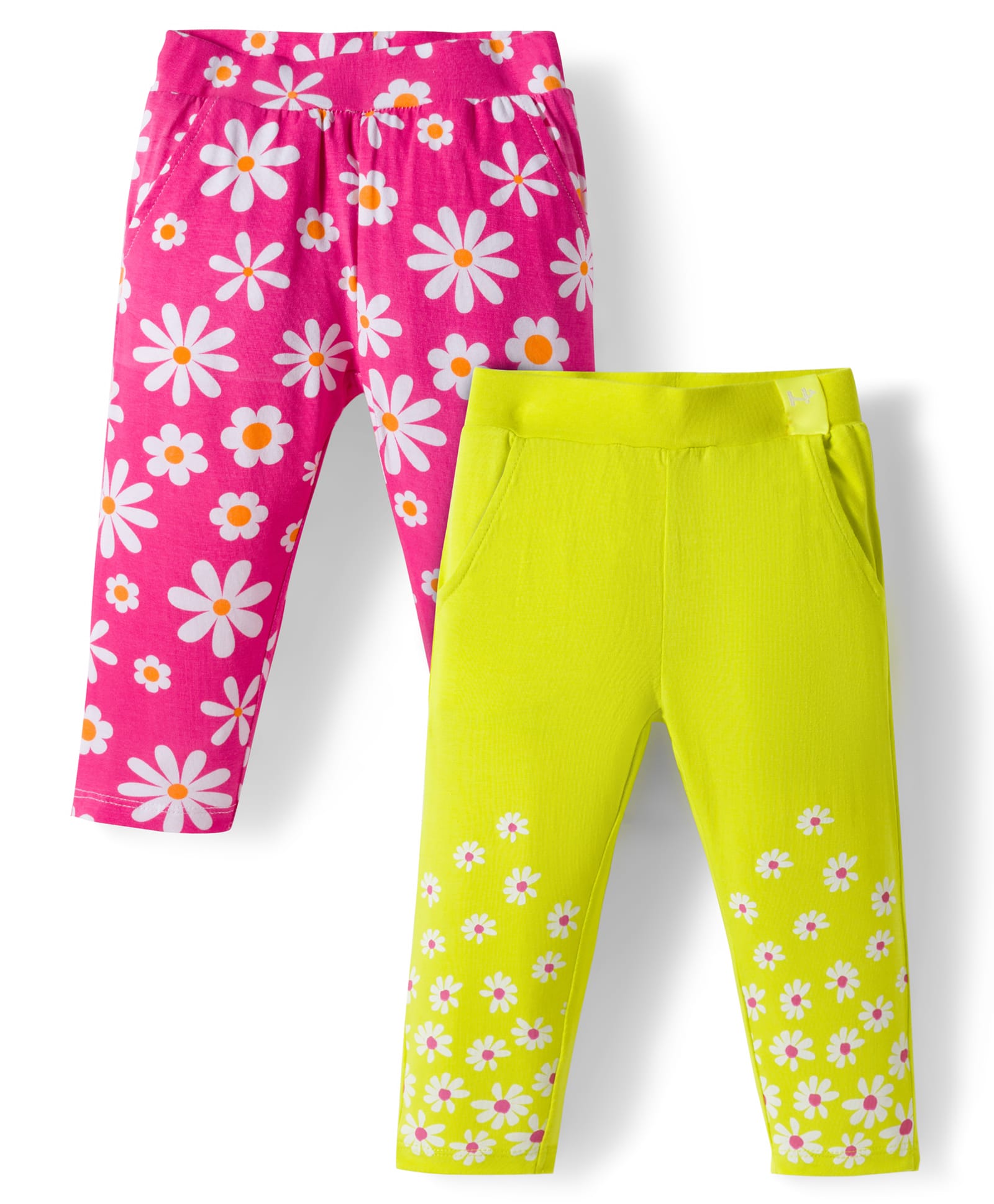 Honeyhap Premium Cotton Elastane Knit Mid Calf Length Leggings with Bio Finish & Floral Print Pack of 2 - Carmine Rose & Evening Primrose-image-3