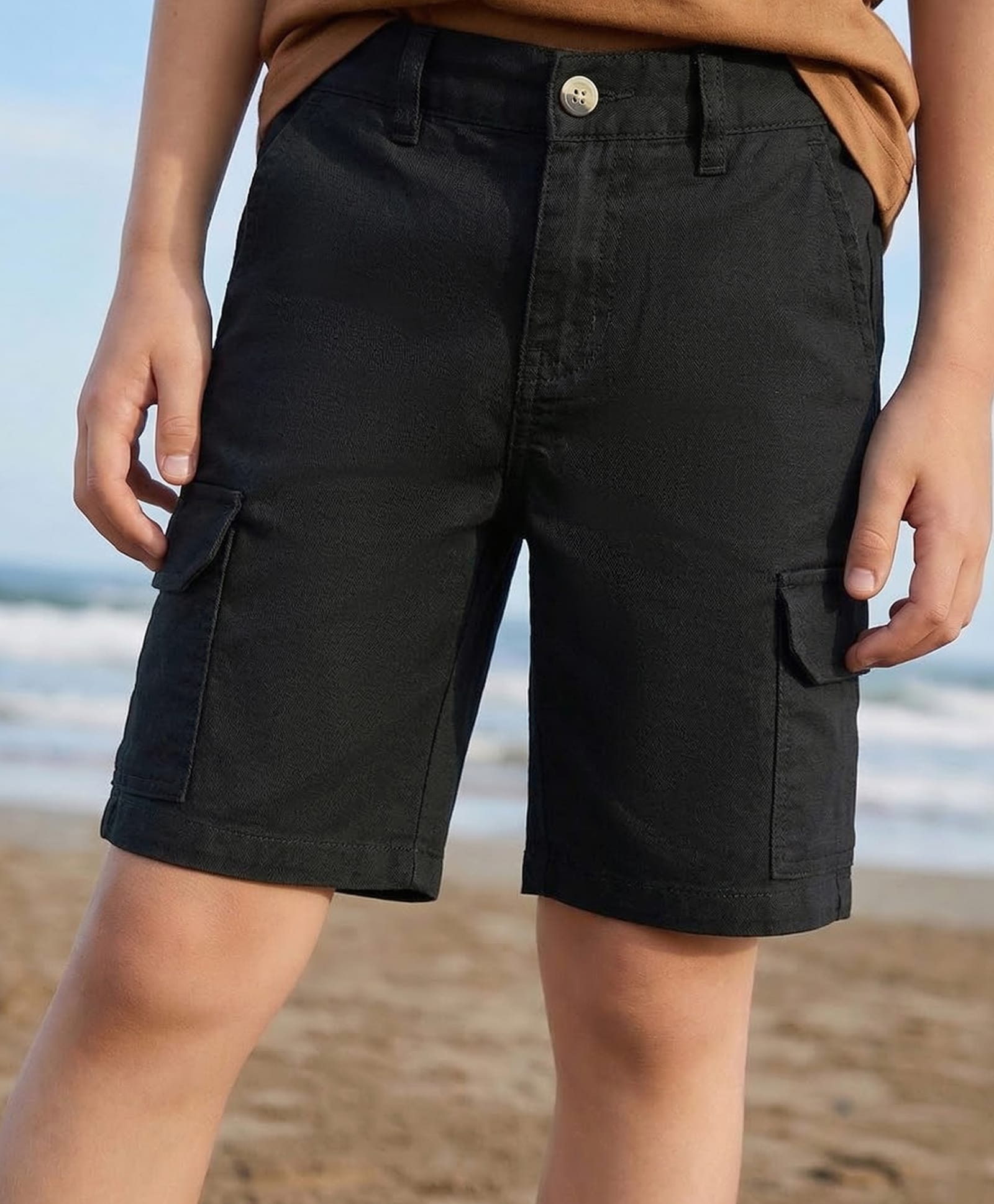Pine Kids Cotton Elastane Woven Above Knee Length Solid Colour Shorts - Black-picture-11