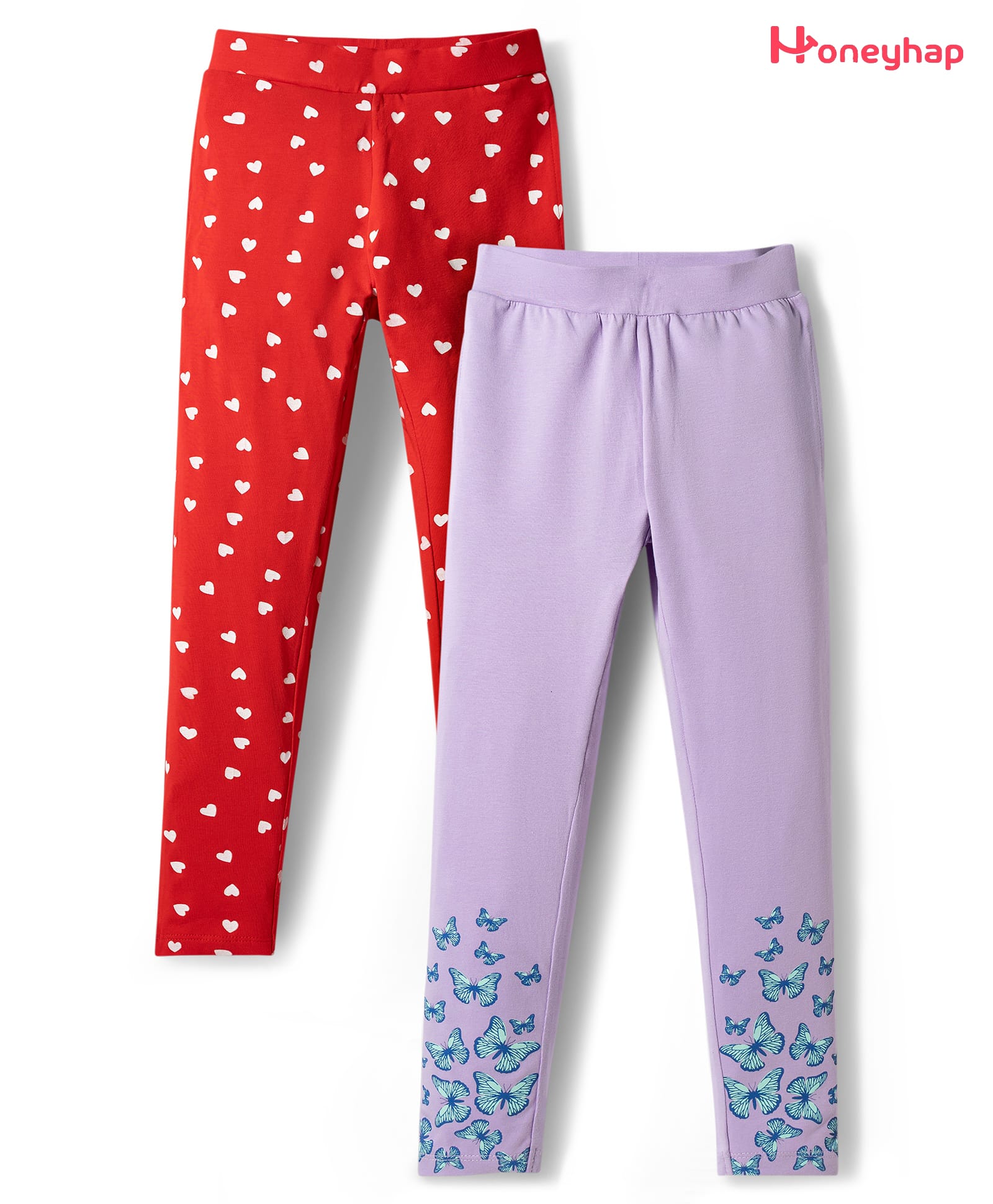 Honeyhap Premium 95% Cotton 5% Elastane Knit Full Length Leggings With Bio Finish Heart & Butterfly Print Pack of 2 - High Risk Red & Orchid Bouquet