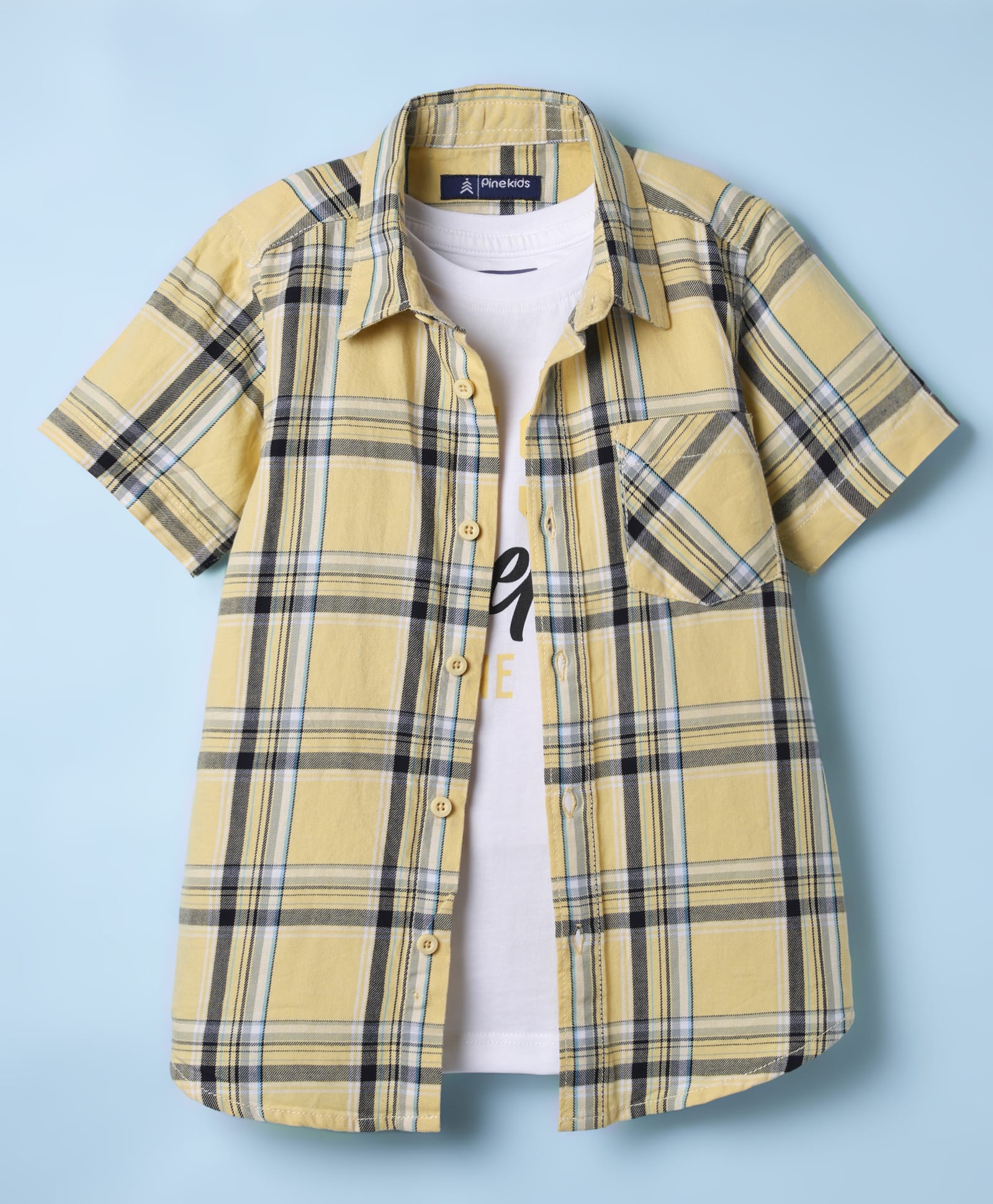Pine Kids 100% Cotton Half Sleeves Checks Shirt With Text Printed Tank T-Shirt - Yellow & White-picture-21