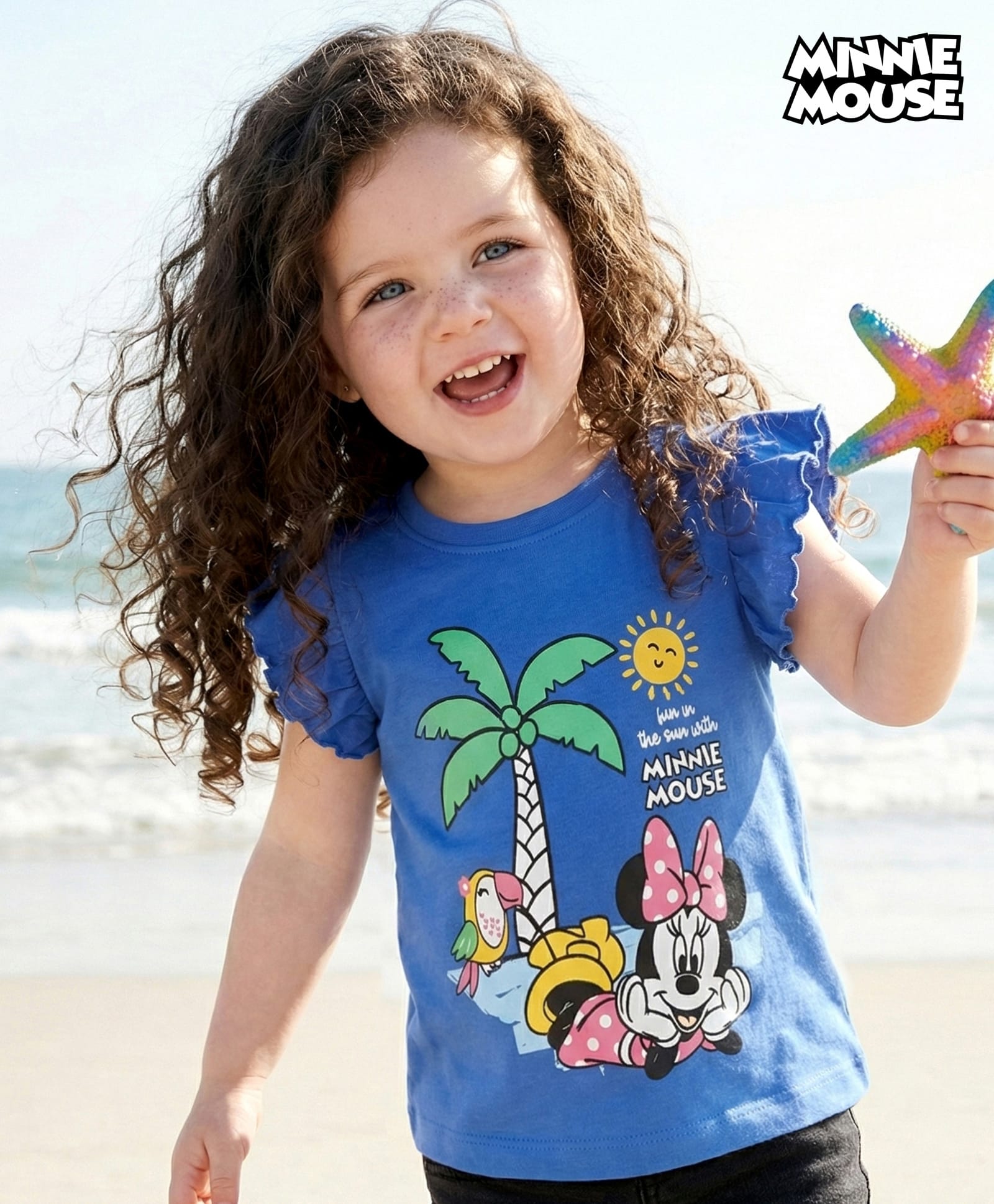 Kookie Kids India Disney Single Jersey Knit Frill Sleeves T-Shirt with Minnie Mouse Beach Graphics - Navy Blue-image-49