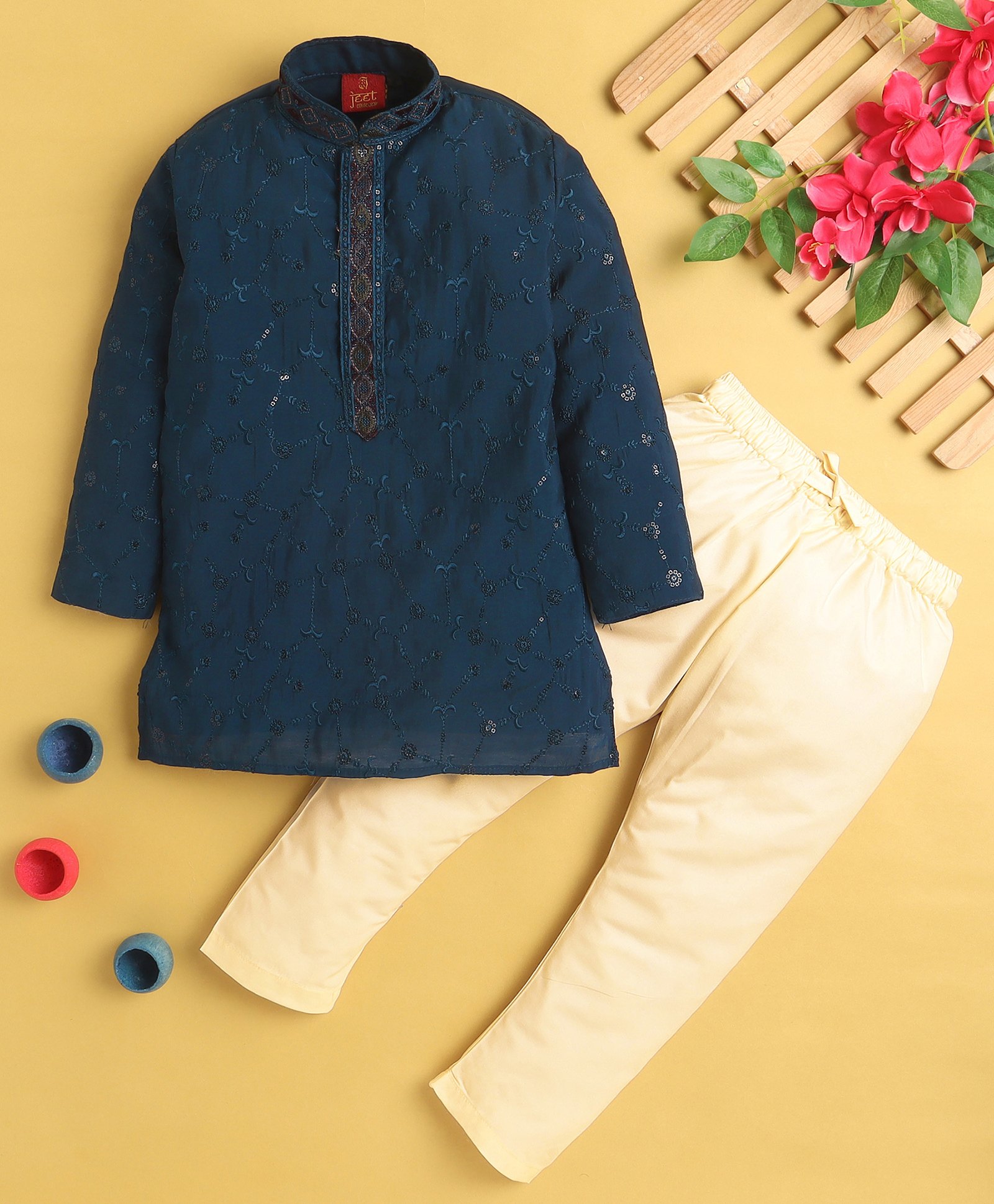 Jeet Ethnics Cotton Blend Full Sleeves Floral Embroidered Sequins Embellished Kurta Pyjama Set - Turquoise-picture-12