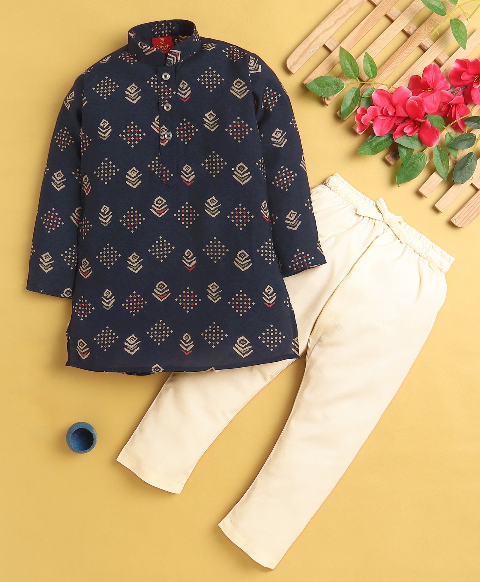 Jeet Ethnics Cotton Blend Full Sleeves Geometric Motifs Printed Kurta Pyjama Set - Navy Blue-picture-24