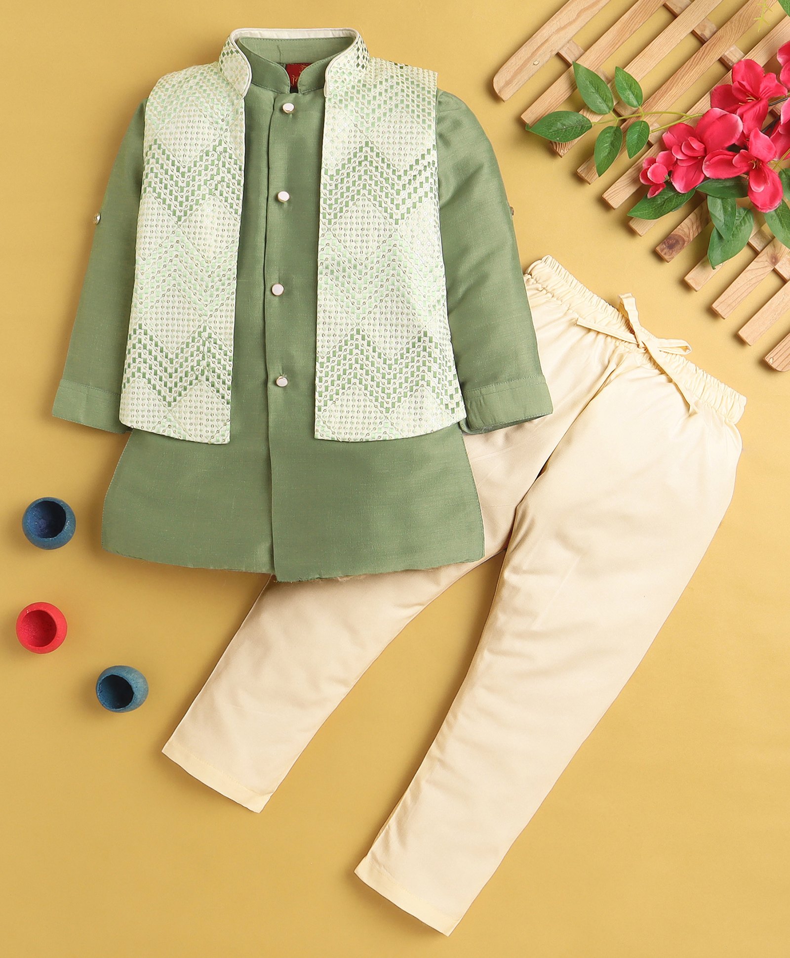 Jeet Ethnics Cotton Blend Full Sleeves Solid Kurta Pyjama With Geometric Embroidered Sequins Embellished Jacket Set - Green-image-31