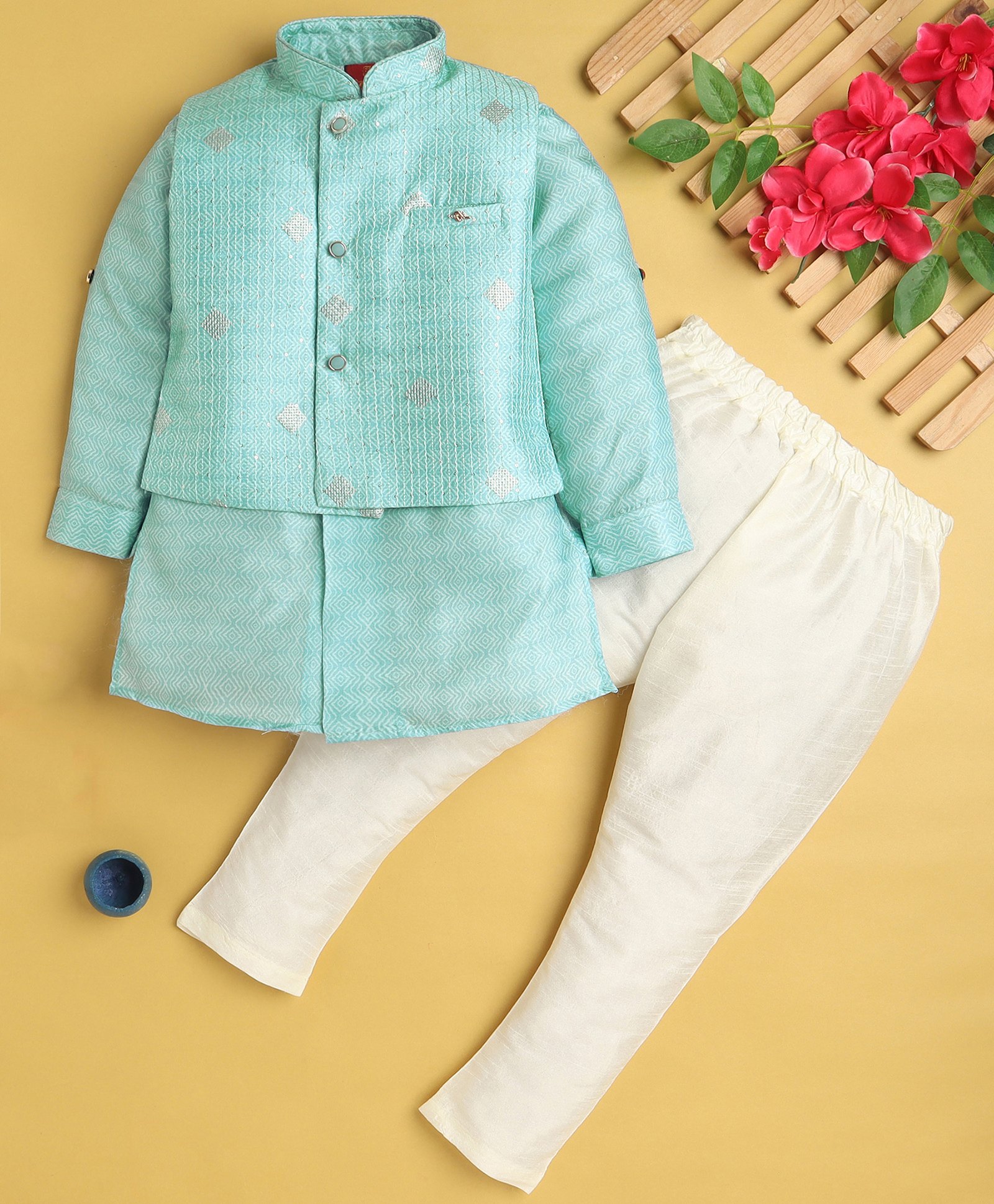 Jeet Ethnics Cotton Blend Full Sleeves Anstract Printed Kurta & Pyjama With Sequins Embellished Jacket Set - Blue-picture-27