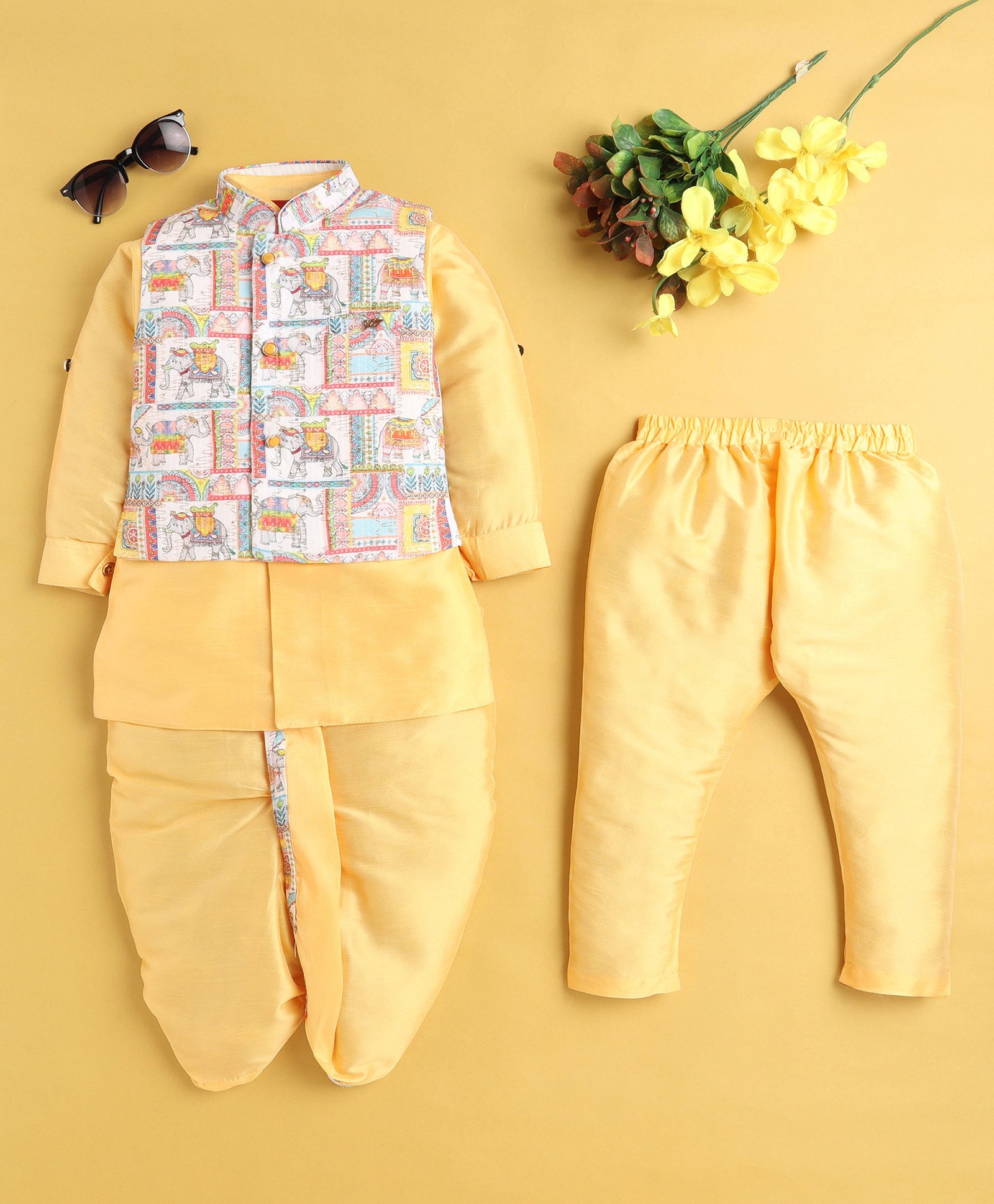 Jeet Ethnics Cotton Blend Full Sleeves Solid Kurta Dhoti & Pyjama With Patola Printed Jacket Set - Yellow-picture-38