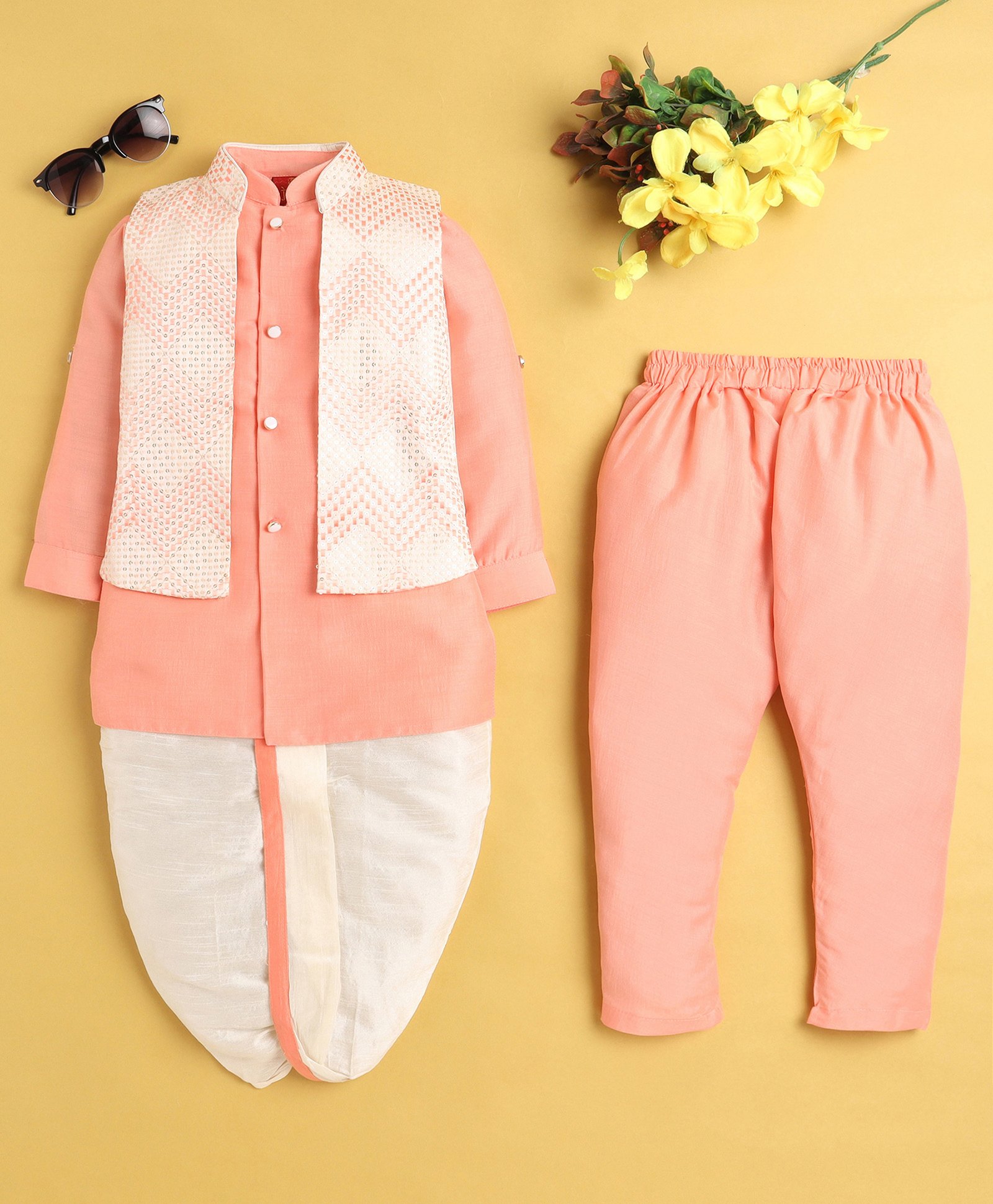 Jeet Ethnics Cotton Blend Full Sleeves Solid Kurta Dhoti & Pyjama With Chevron Printed Jacket Set - Peach-image-23
