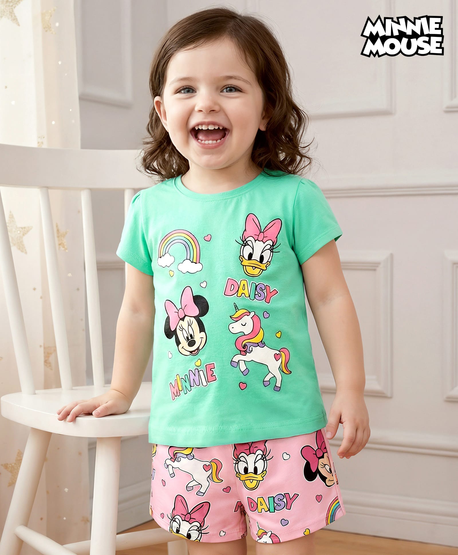 Kookie Kids Disney Single Jersey Knit Half Sleeves Shorts Night Suit With Minnie Mouse Print - Sea Green & Pink-image-23
