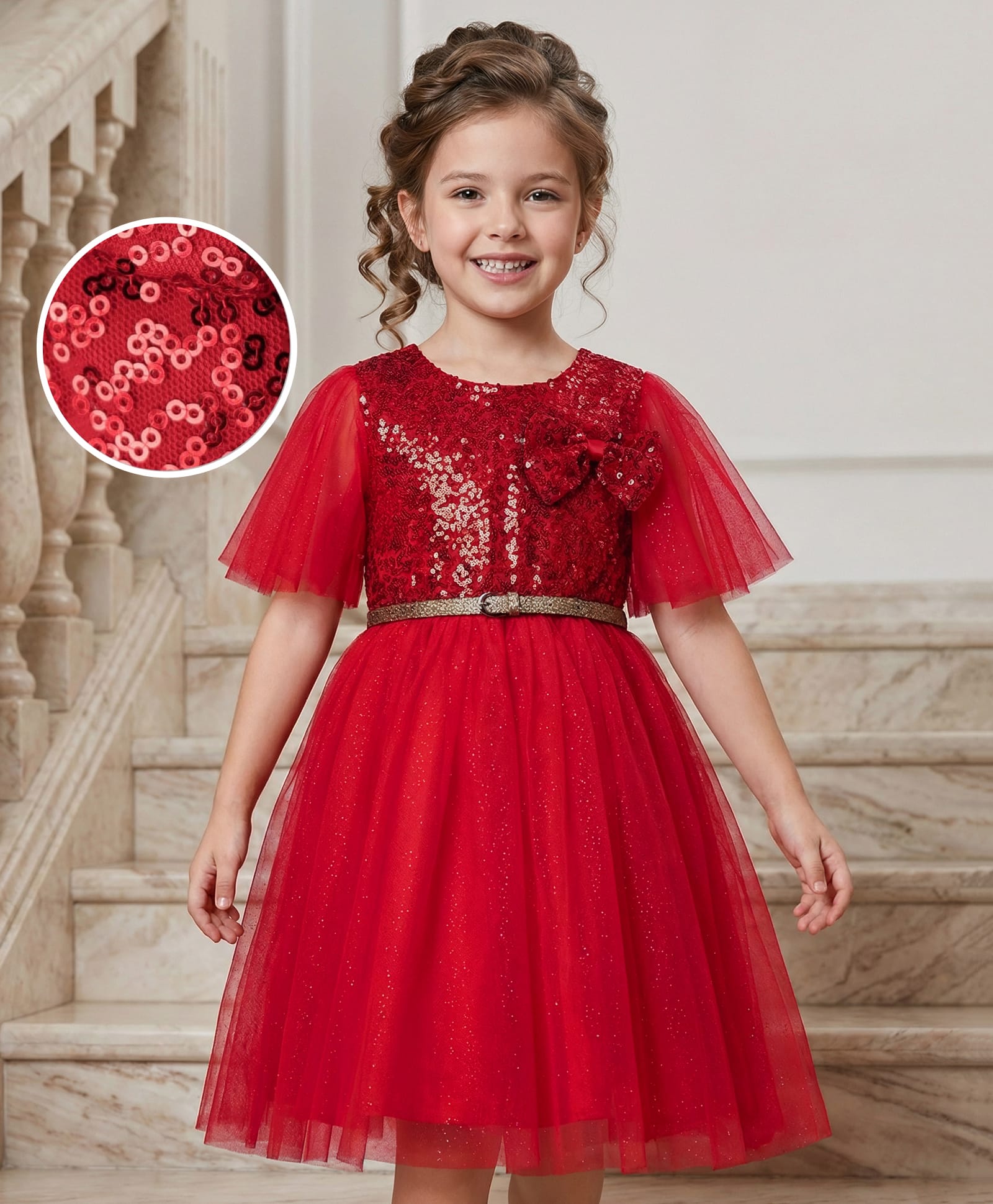 Hola Bonita Knit Flutter Sleeves Mesh Party Dress With Belt & Sequin Detailing - Red-image-40