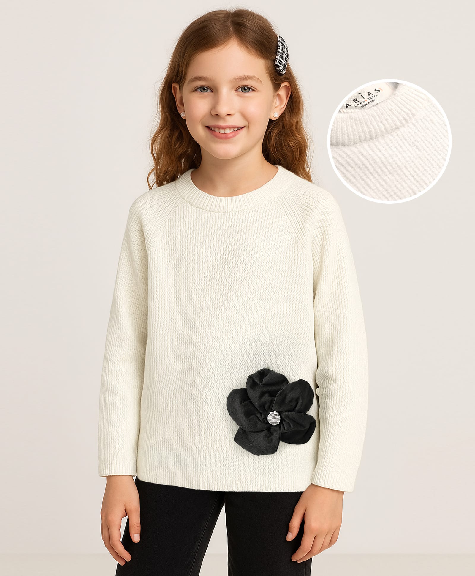 arias by lara dutta Arias Knit Raglan Full Sleeves Pullover Sweater With Flower Applique - White-picture-15