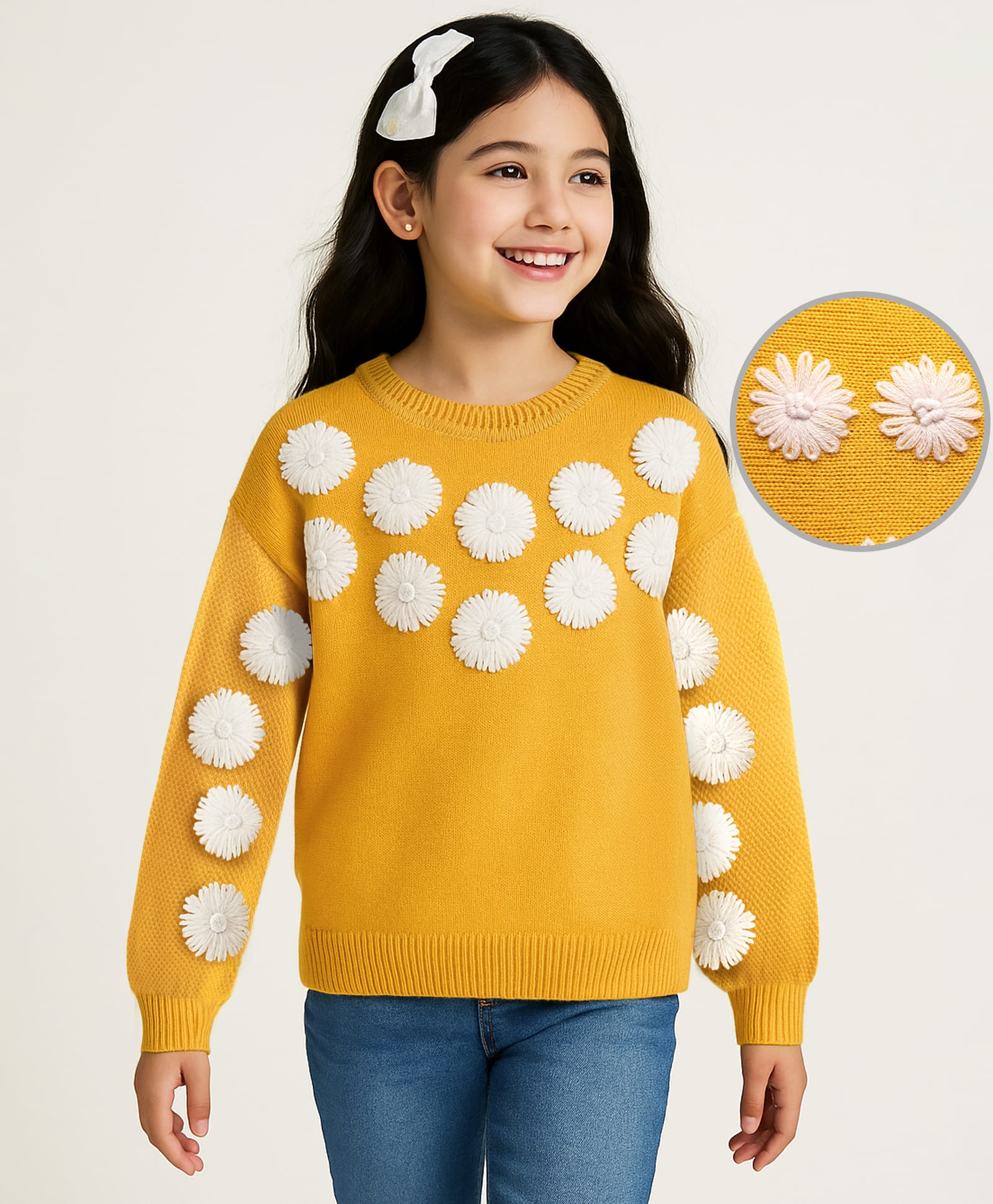 Arias Knit Full Drop Shoulder Sleeves Pullover Sweater With Floral Motifs - Yellow-image-46