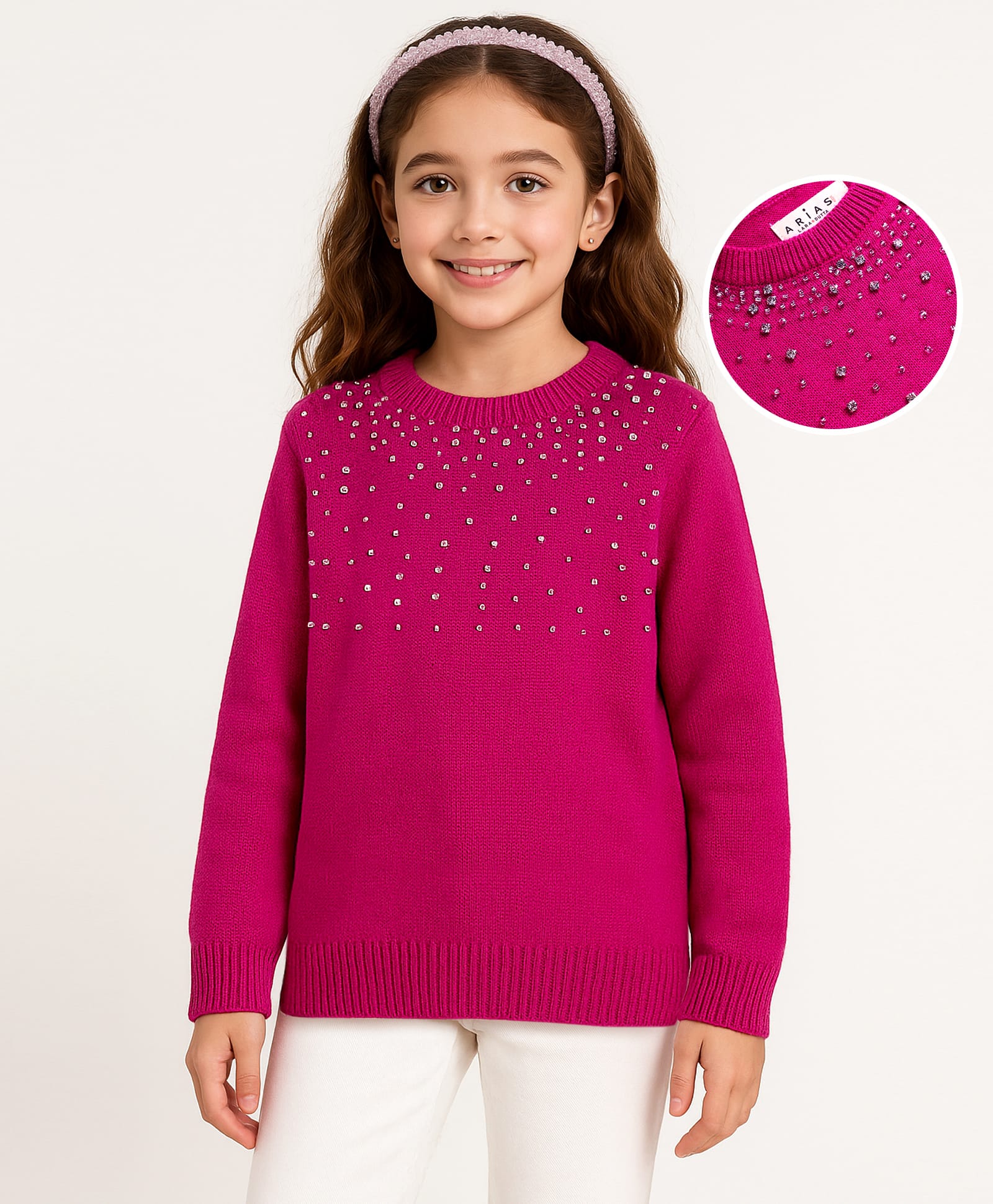 Arias Knit Full Sleeves Pullover Sweater With Beads Embellishment - Dark Pink-image-45