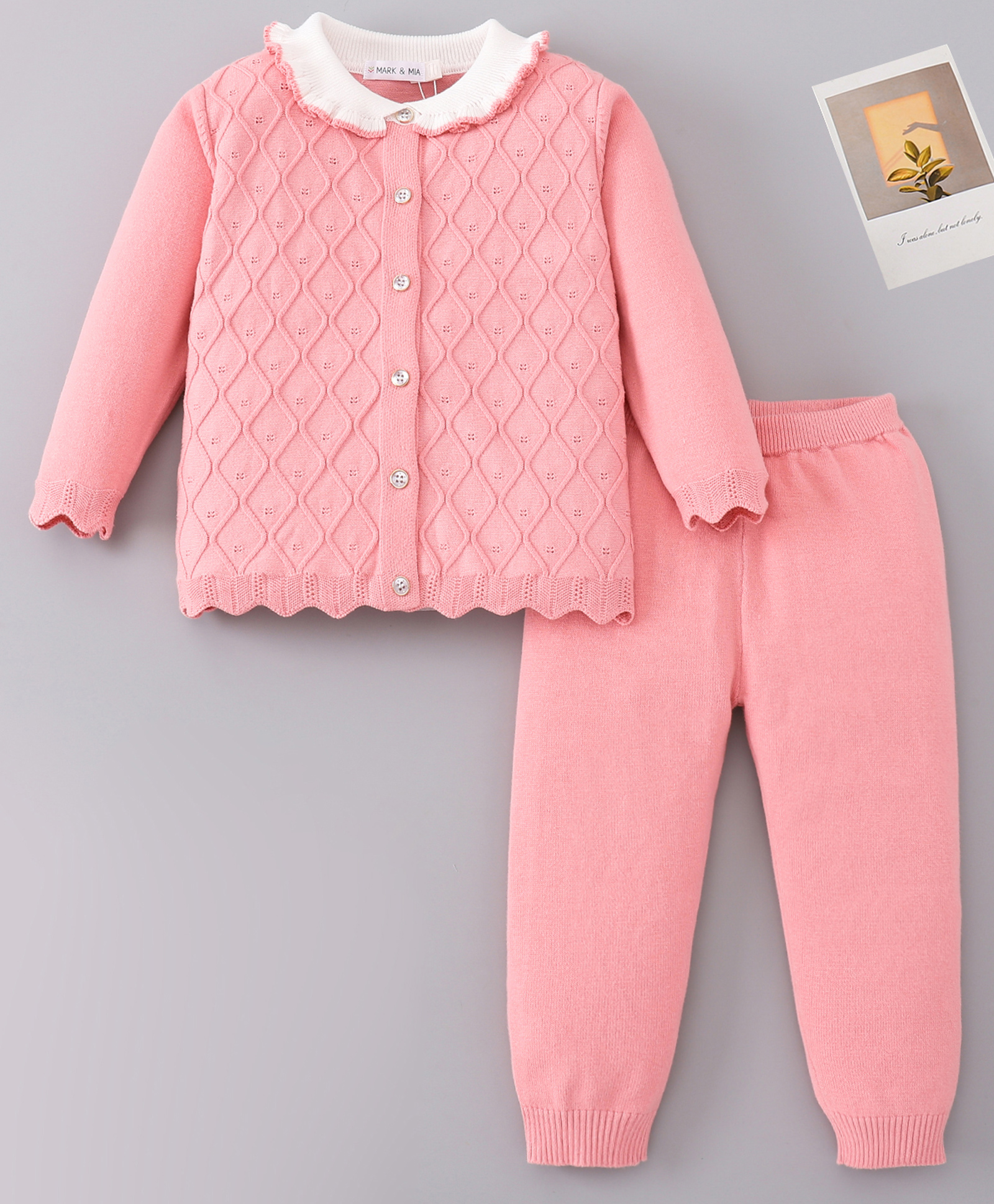 Mark & Mia Full Sleeves Front Open Baby Sweater Set with Cable Knit Design - Pink-image-34