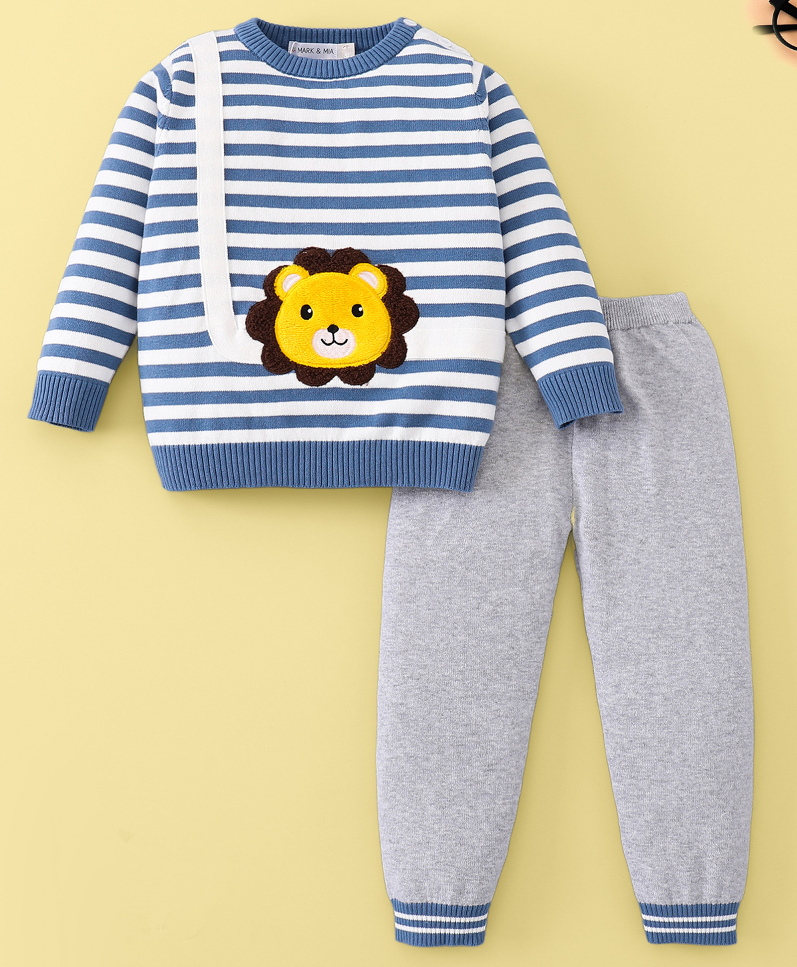 Mark & Mia Cotton Full Sleeves Baby Sweater Set with Stripe & Lion Design - Blue Grey & White-image-32
