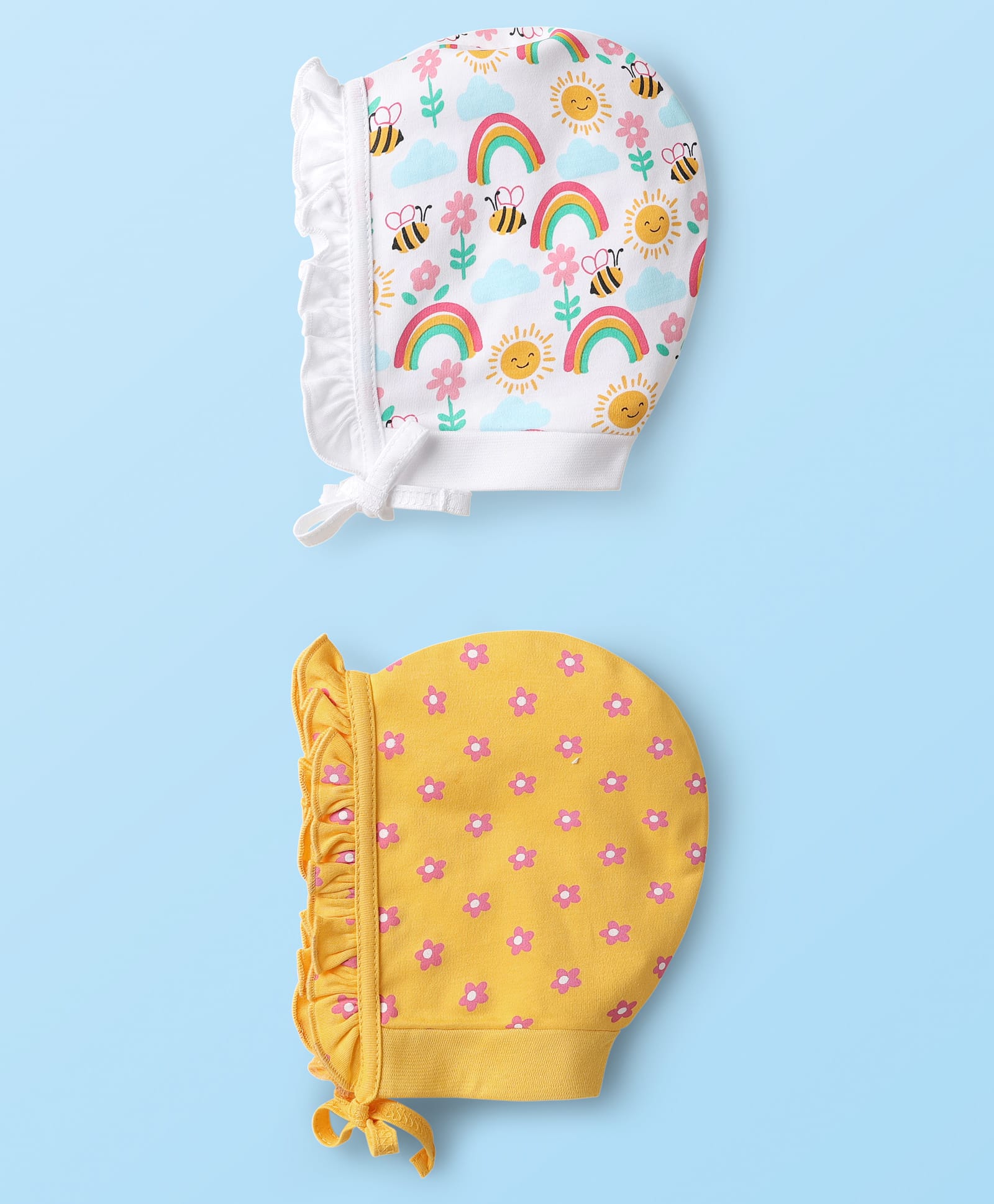Babyhug 100% Cotton Caps Floral & Butterfly Print Pack of 2 White & Yellow - Diameter 15 cm-image-35