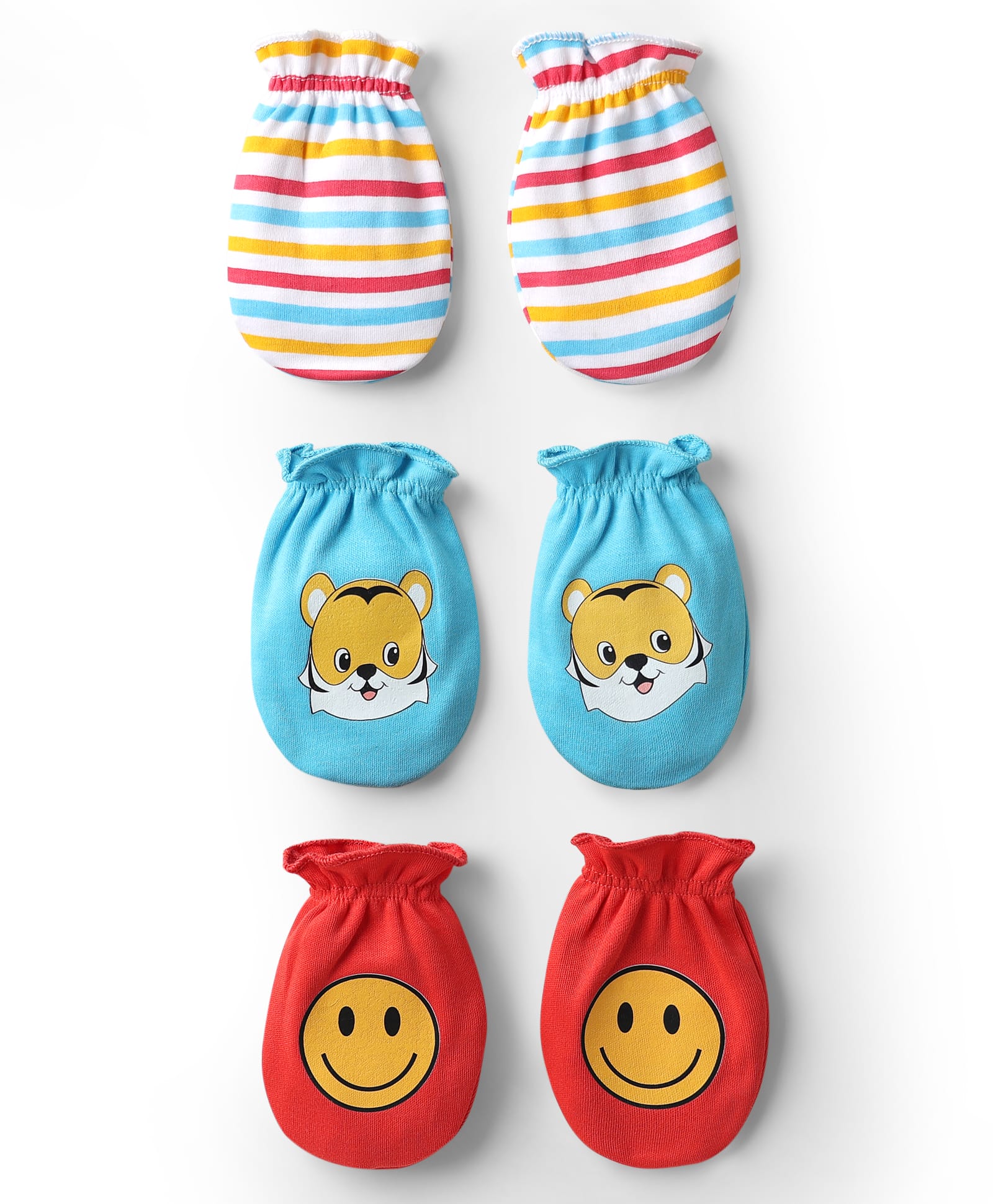 Babyhug 100% Cotton Knit Mittens with Animal Print & Stripes Pack of 3 - Red Aqua Blue & White