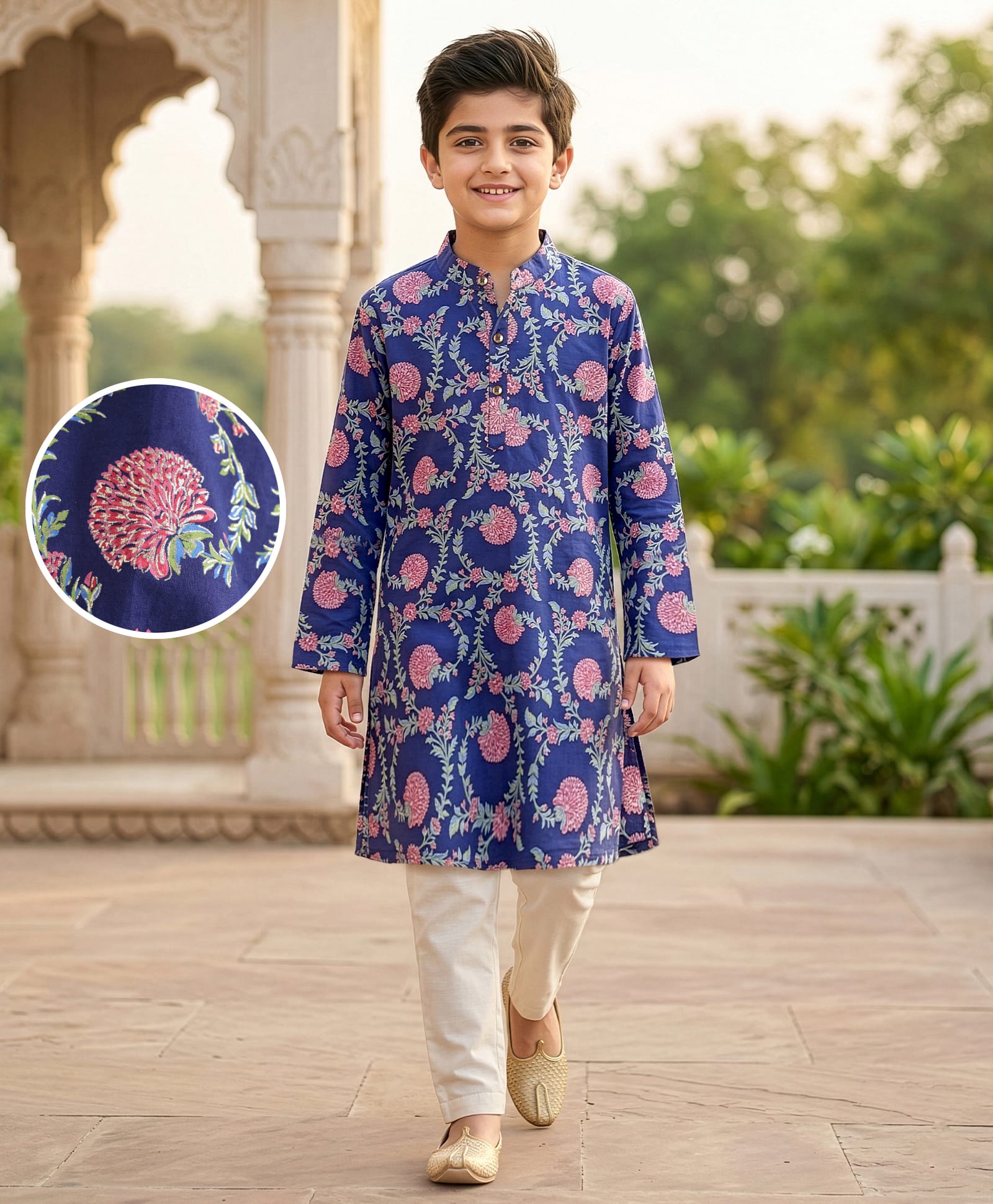 EARTHY TOUCH Cambric Woven Full Sleeves Kurta and Pajama Set With Floral Print - Navy Blue-picture-26