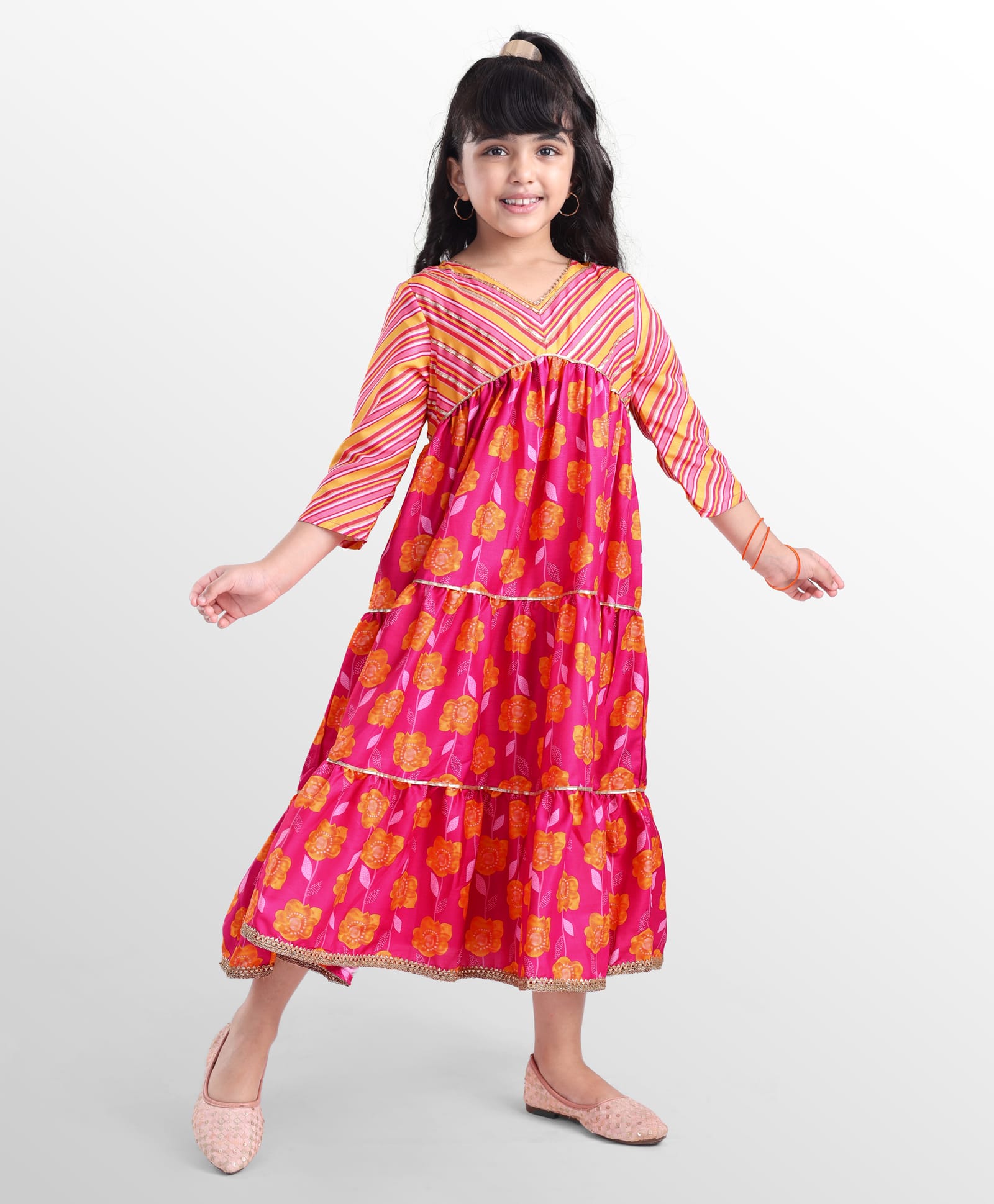 EARTHY TOUCH Muslin Woven Three Fourth Sleeves Ethnic Dress With Floral Print - Pink-image-36