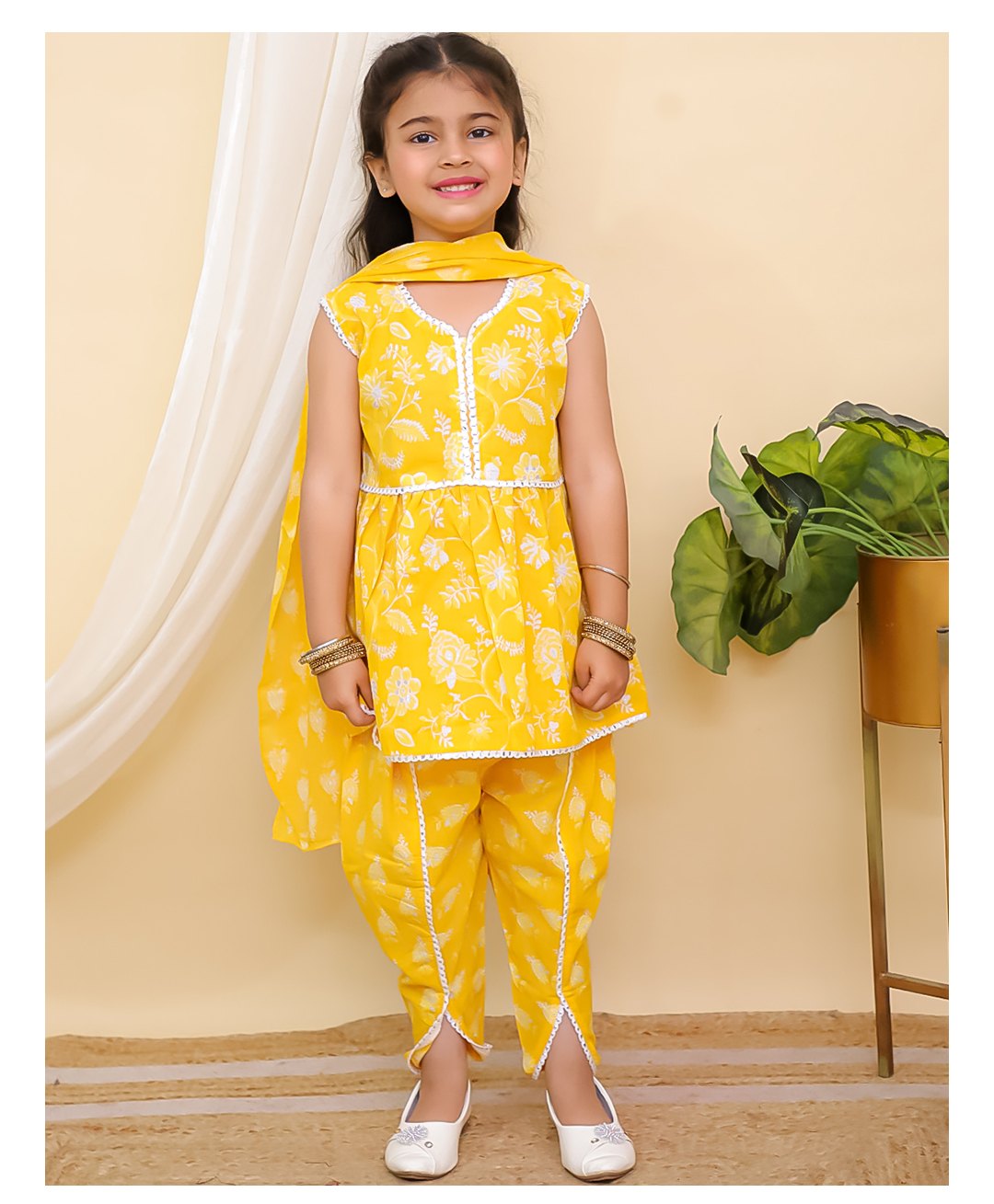AJ Dezines Cotton Sleeveless Floral Printed Kurti & Dhoti Style Pant With Dupatta Set - Yellow-picture-38