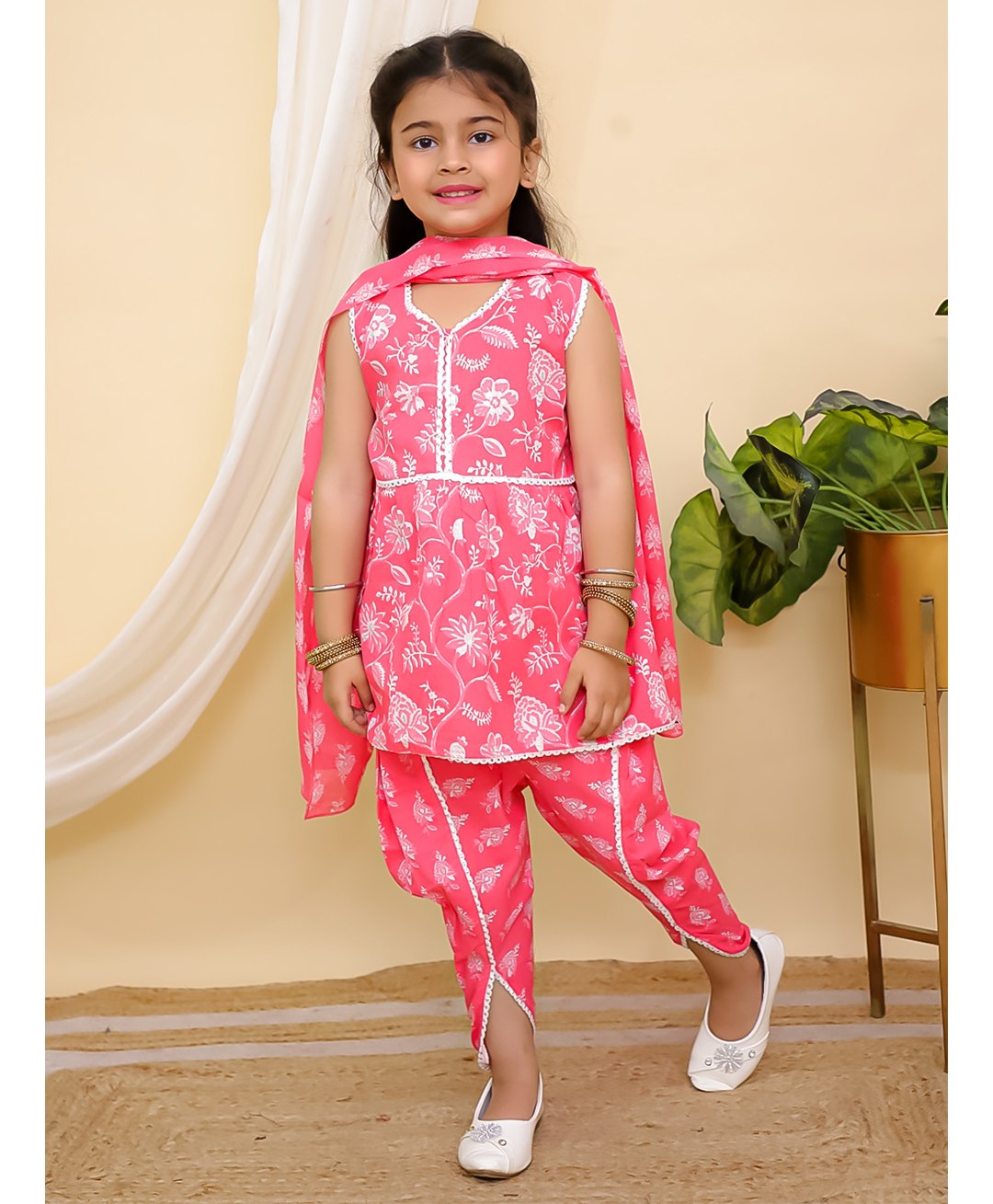 AJ Dezines Cotton Sleeveless Floral Printed Kurti & Dhoti Style Pant With Dupatta Set - Pink-picture-22