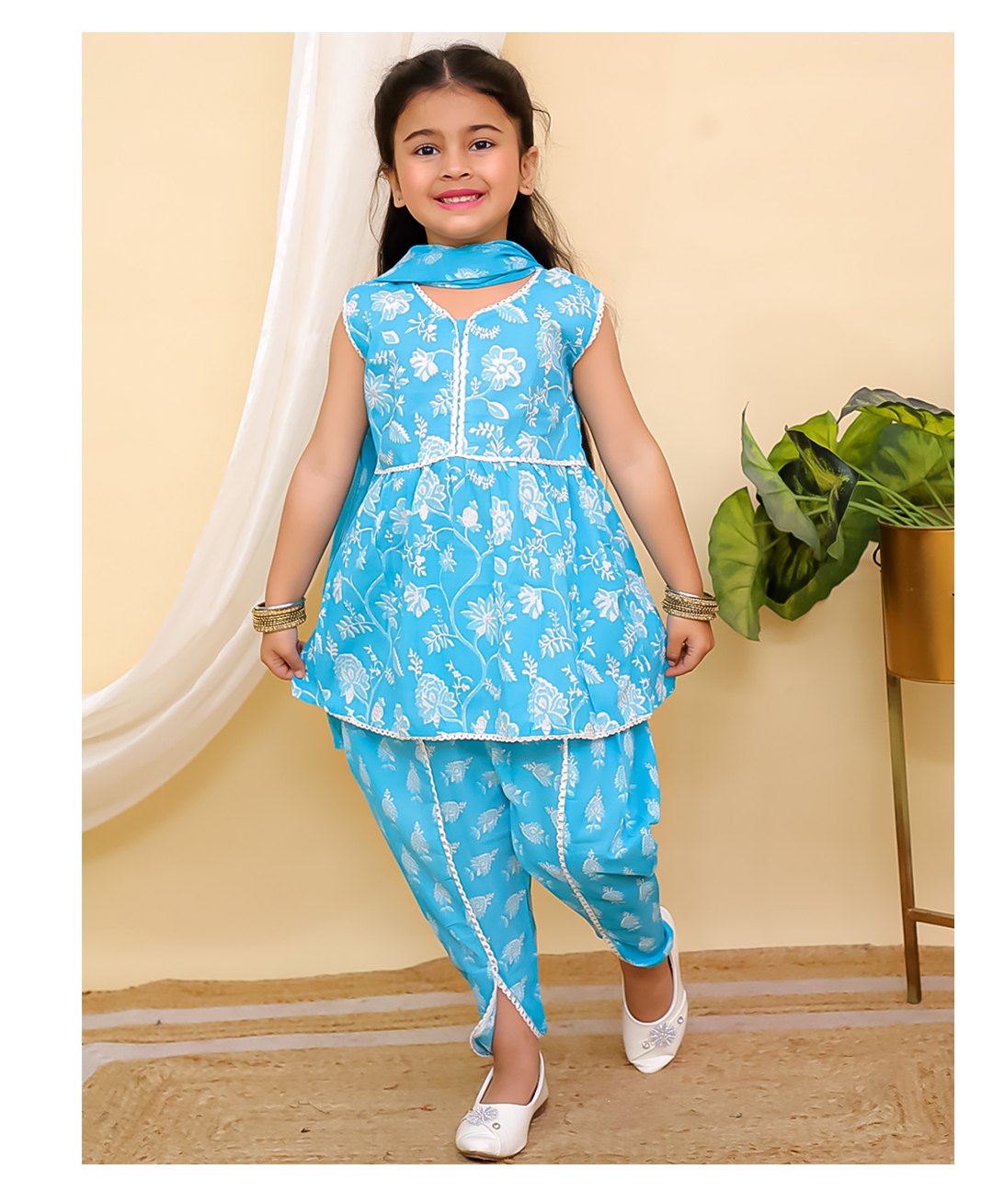 AJ Dezines Cotton Sleeveless Floral Printed Kurti & Dhoti Style Pant With Dupatta Set - Blue-image-31