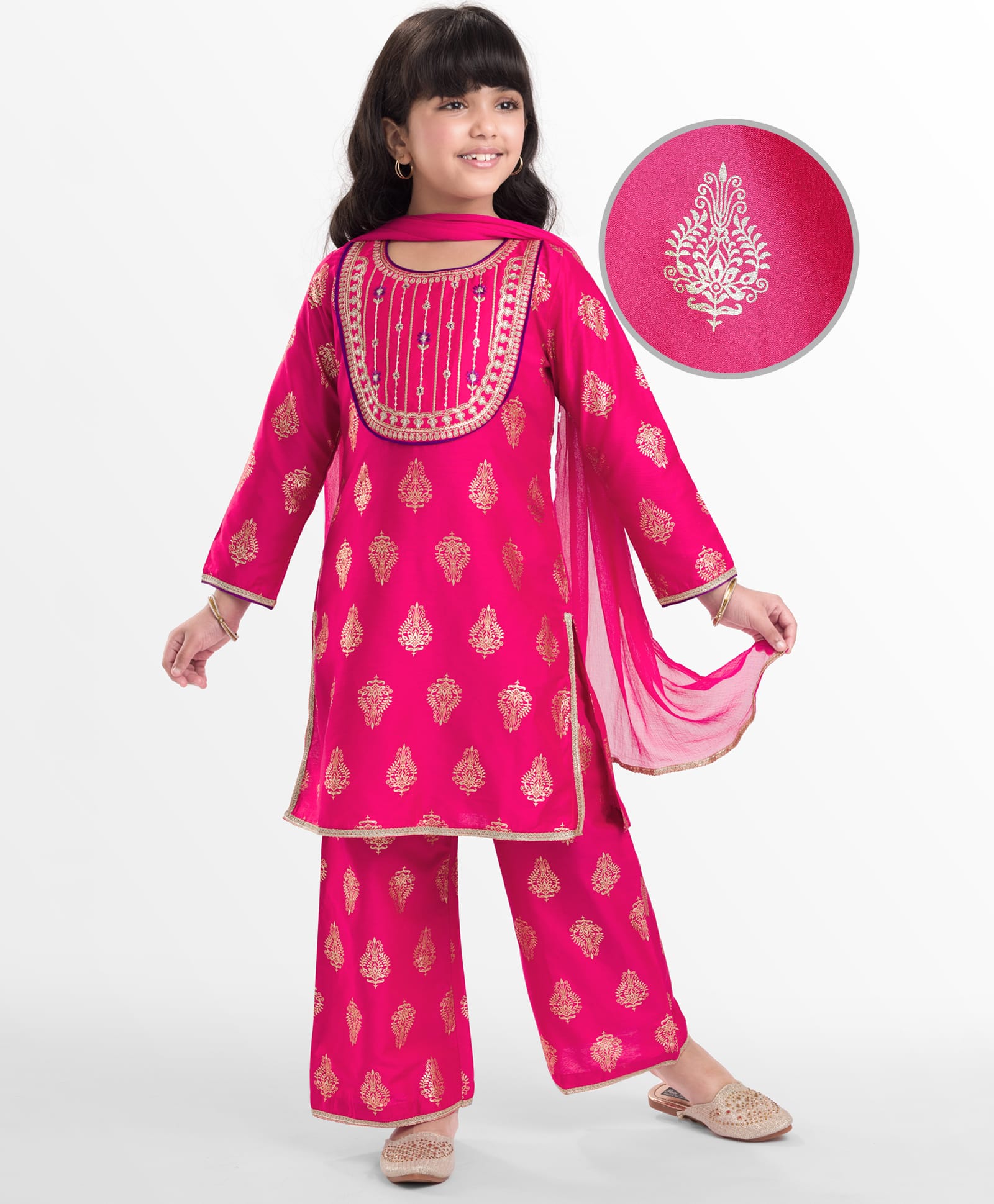 EARTHY TOUCH Woven Full Sleeves Floral Printed Kurta & Salwar With Dupatta Set - Pink-image-20