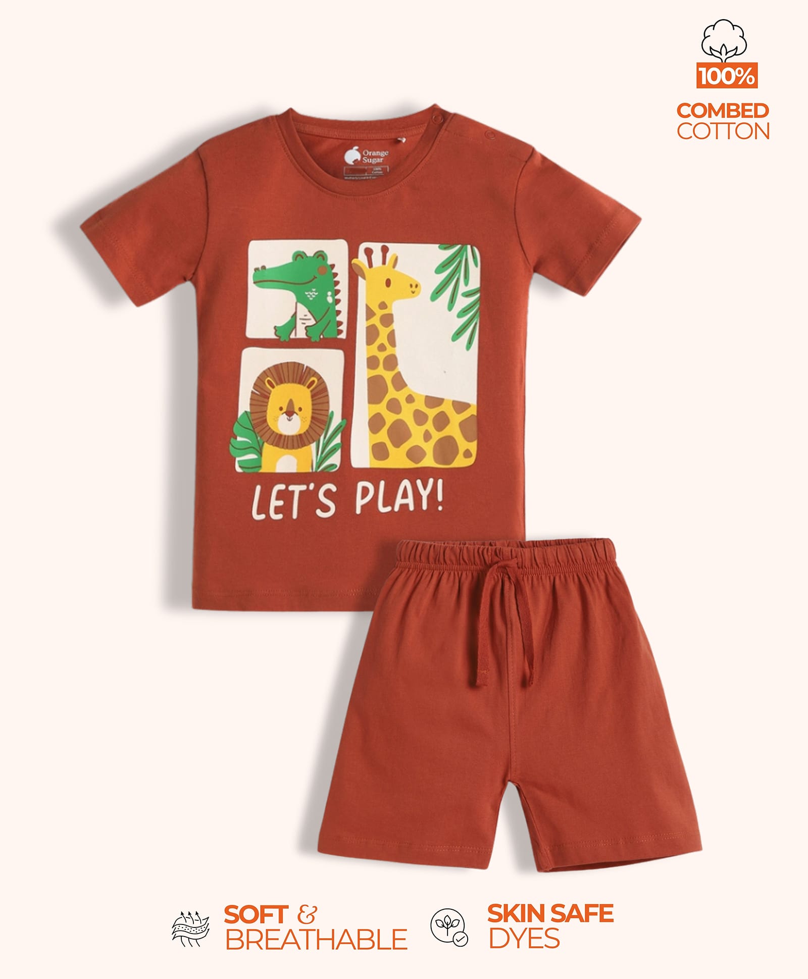 Orange Sugar 100% Cotton Knit Half Sleeves Animals Printed Night Suit Set - Dark Orange-image-38