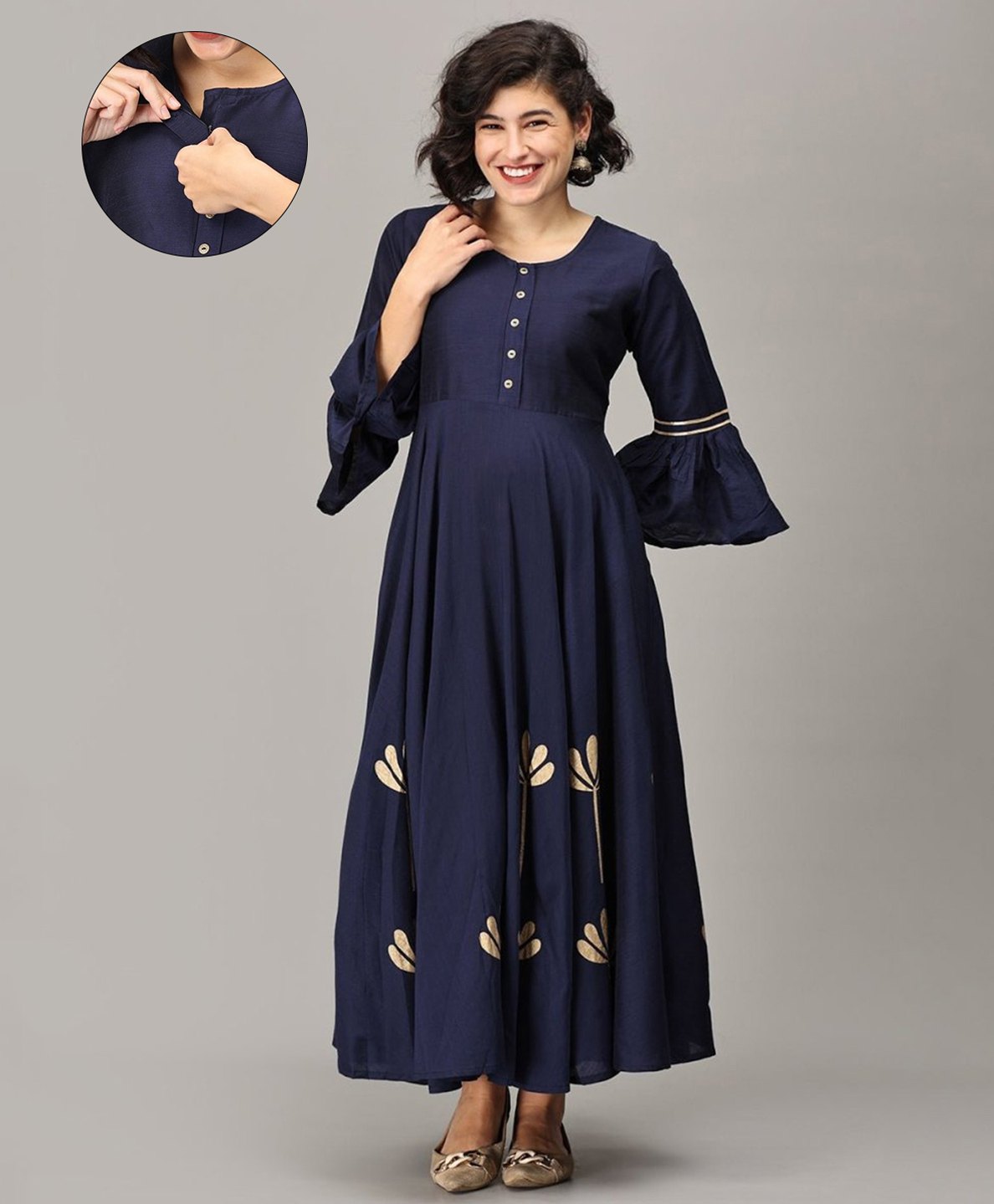The Mom Store Cotton Half Bell Sleeves Foil Leaves Printed Maternity Dress With Nursing Access - Navy Blue-picture-45