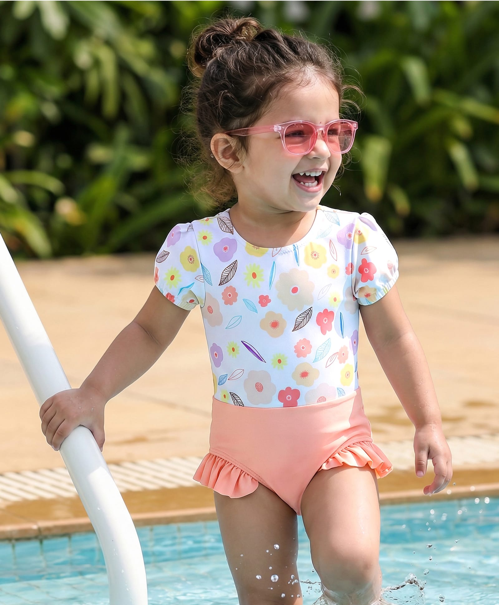 Babyhug Half Sleeves Printed V Cut Swimsuit - Pink-picture-28