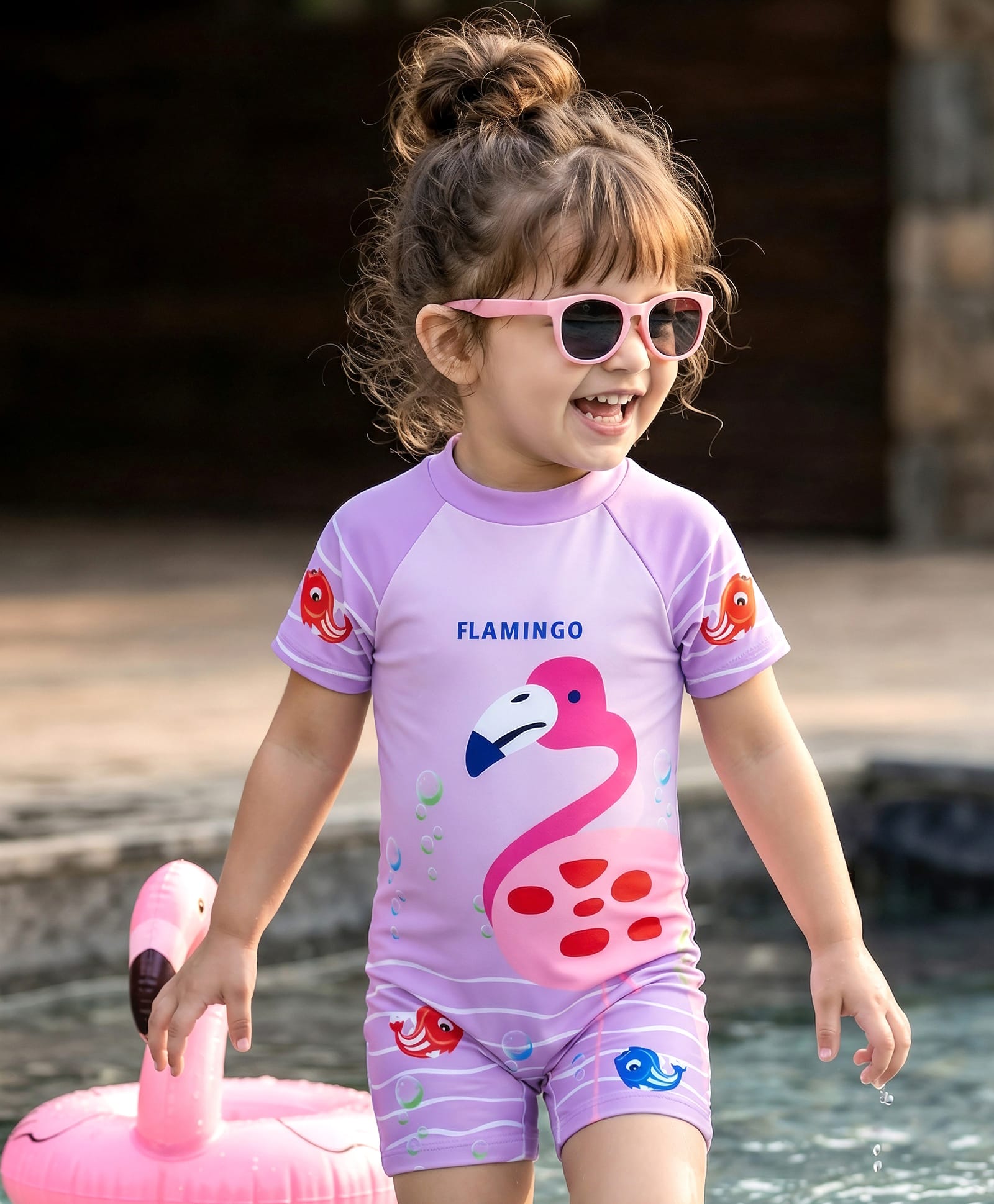 Babyhug Half Raglan Sleeves Legged Swimsuit With Flamingo Print - Purple-image-18