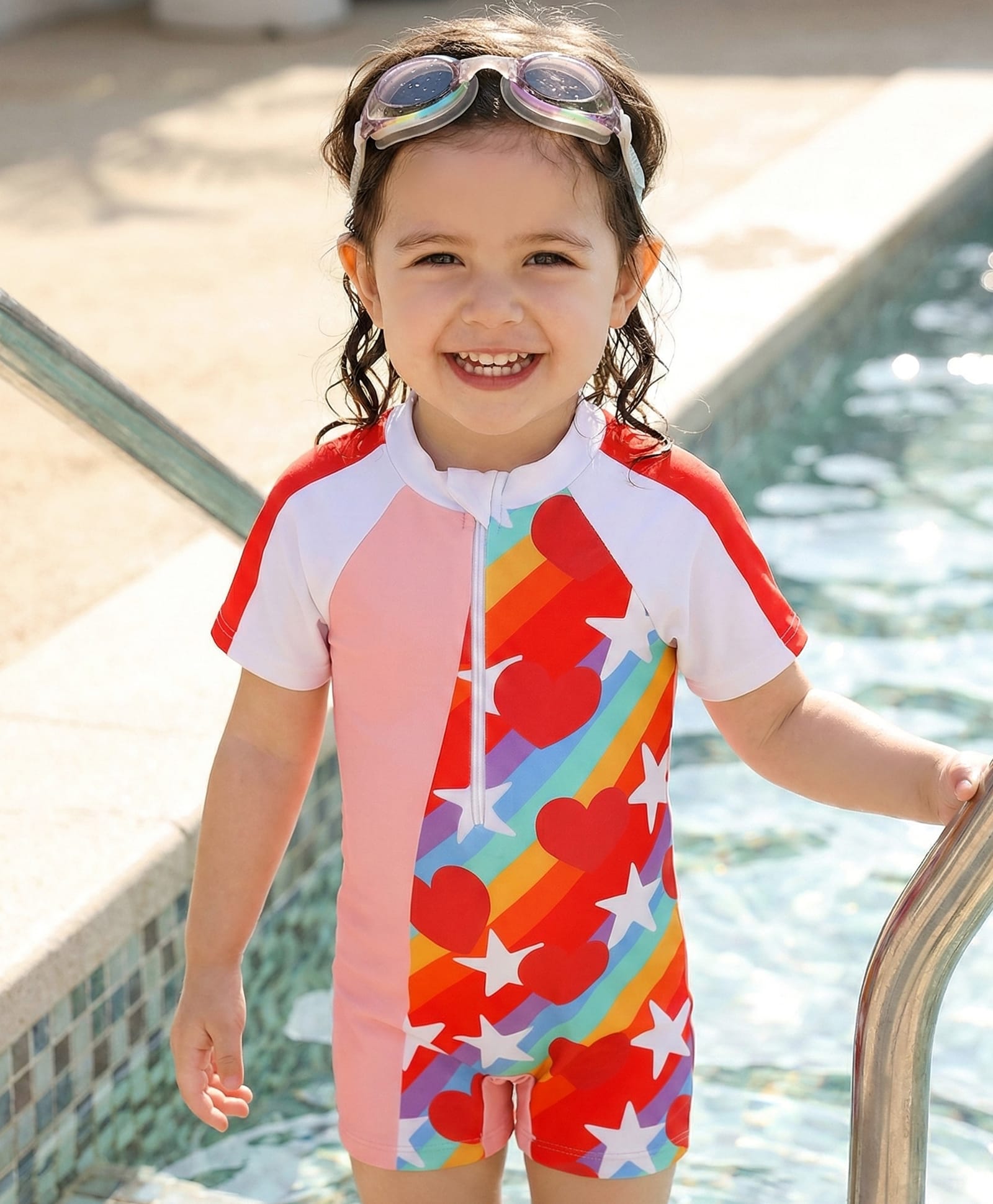 Babyhug Half Raglan Sleeves Printed Legged Swimsuit - Red