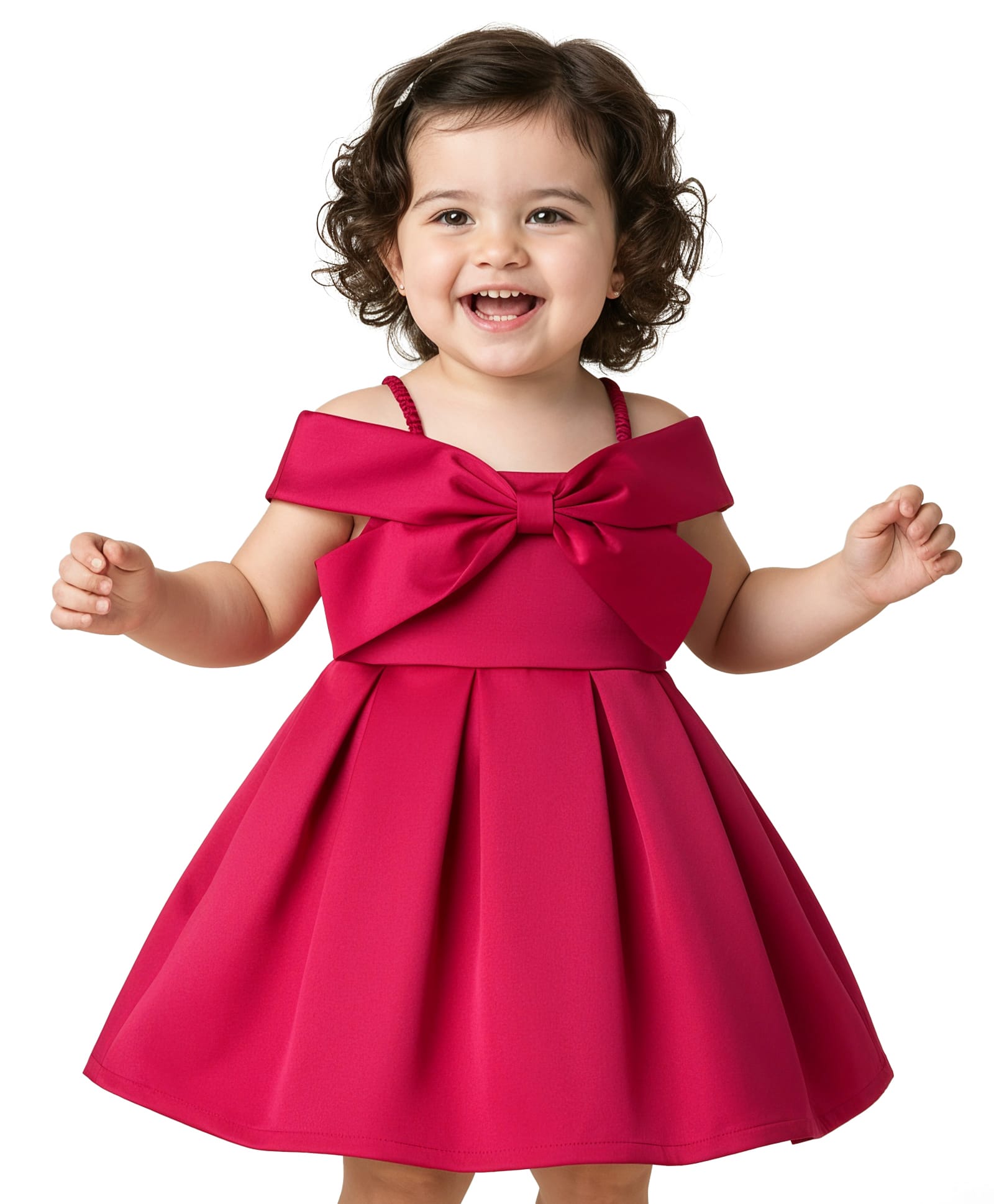 Babyoye Woven Sleeveless Solid Coloured Pleated Party Dress With Bow Design - Red-image-24