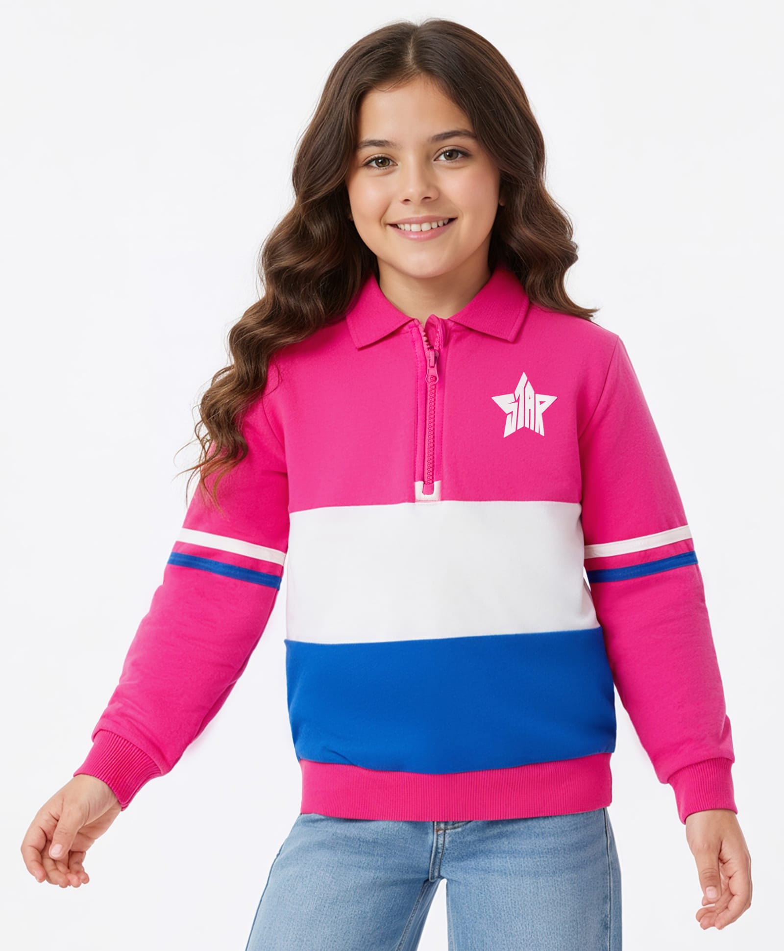 Pine Kids Cotton Knit Full Sleeves Sweatshirt With Star Print & Color Block Design - Dark Pink-picture-36