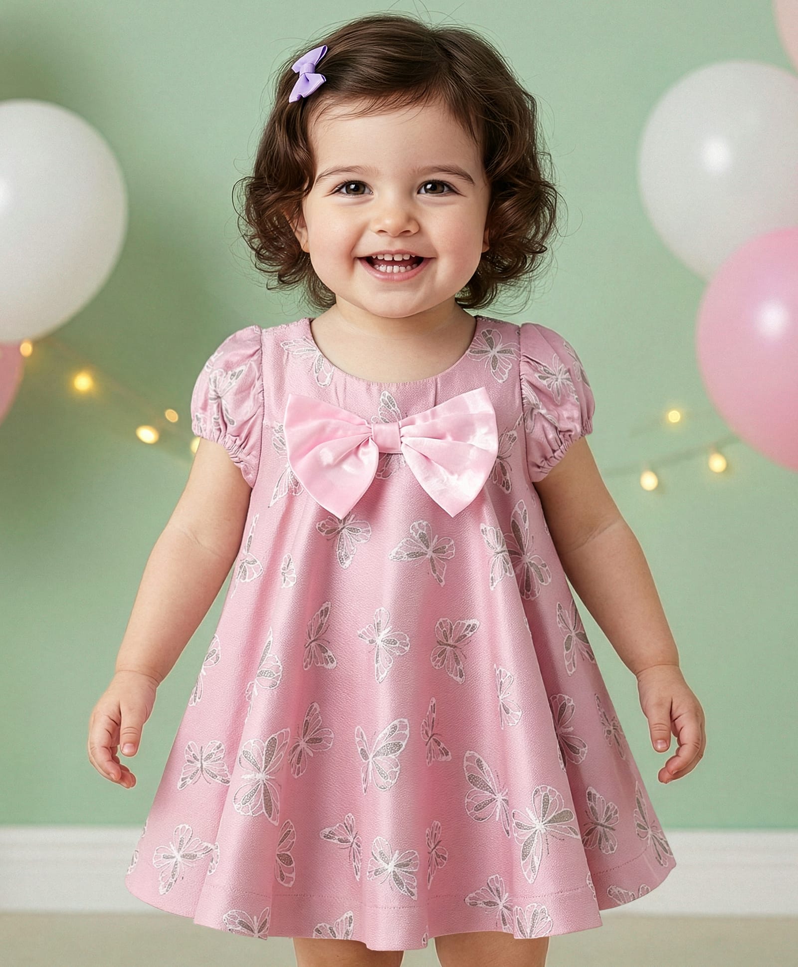 Babyoye Woven Half Sleeves Butterfly Printed Pleated Party Dress With Bow Applique - Pink