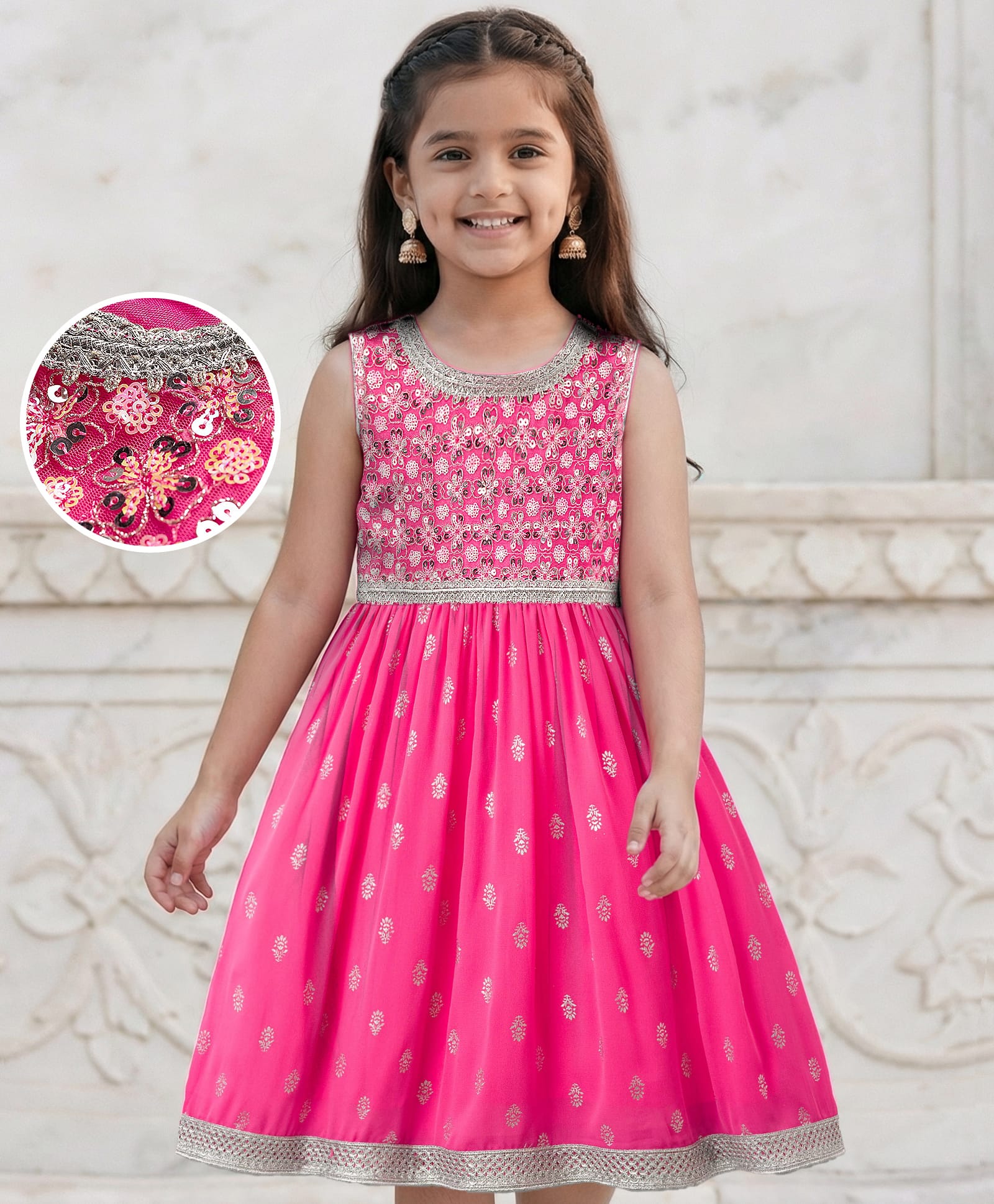 EARTHY TOUCH Georgette Woven Sleeveless Ethnic Dress With Floral Sequin Embriodery - Pink-image-19