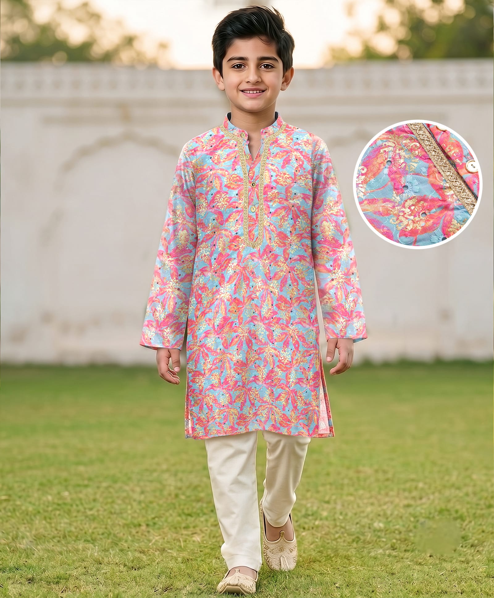 EARTHY TOUCH Cotton Woven Full Sleeves Kurta Pajama Set With Floral Print - Pink & Grey-image-28