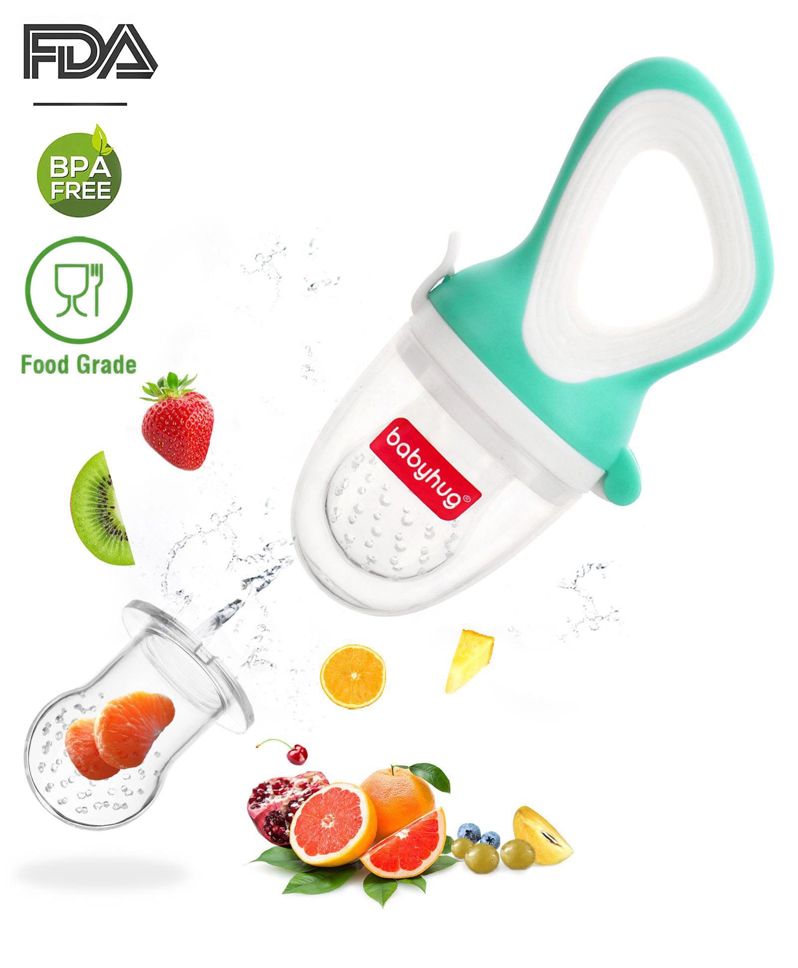 Babyhug Fruit & Food Nibbler with Easy Grip Handle - Green| Food Grade| Introduction to New Food| Bite-Resistant Silicone Pouch| Easy Grip Handle| Hygienic Flip Cap