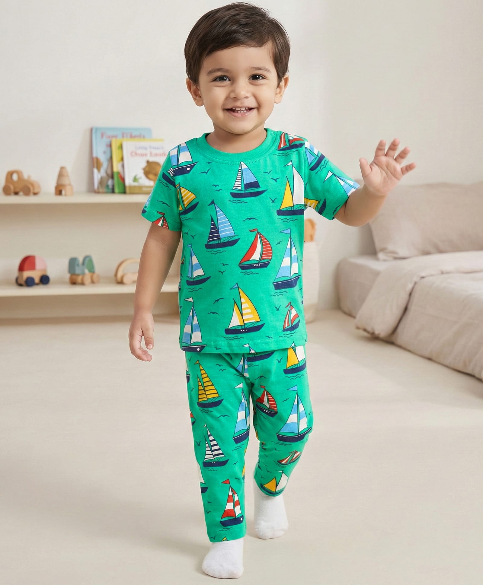 Babyhug Cotton Knit Half Sleeves Co-Ord Night Suit with Boat Print - Green-image-37