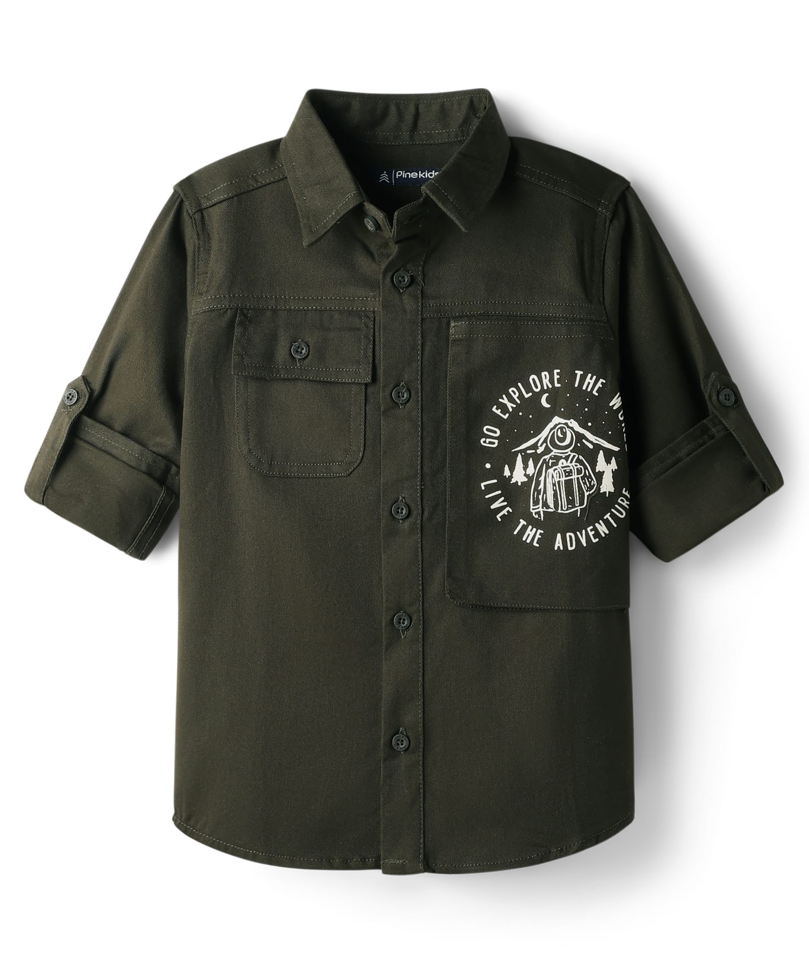 Pine Kids Cotton Woven Full Sleeves Solid Color Shirt with Go Explore Text Print - Olive Green-picture-17
