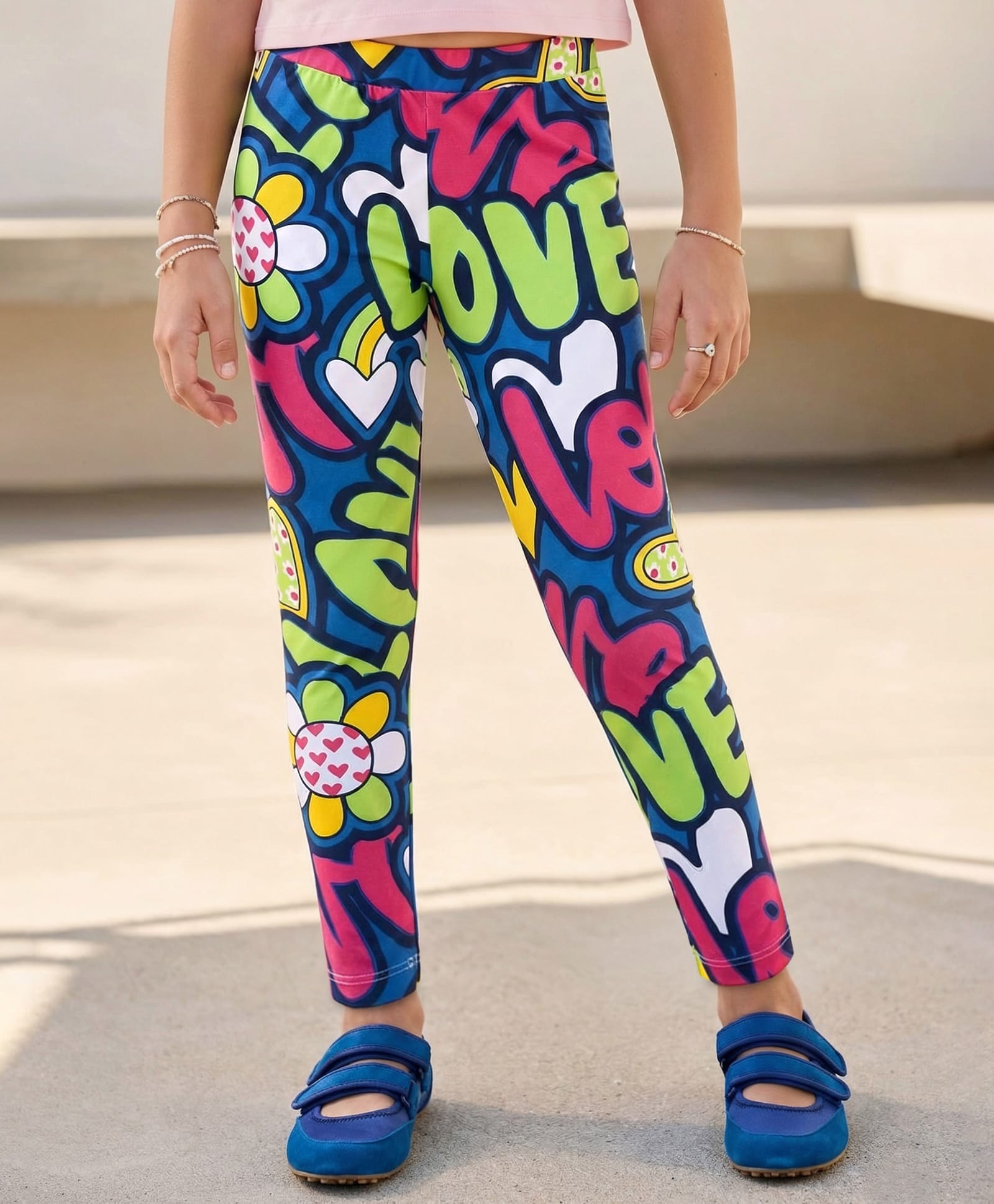 Pine Kids Cotton Lycra Knit Full Length Leggings With Love Print - Multicolor-picture-38