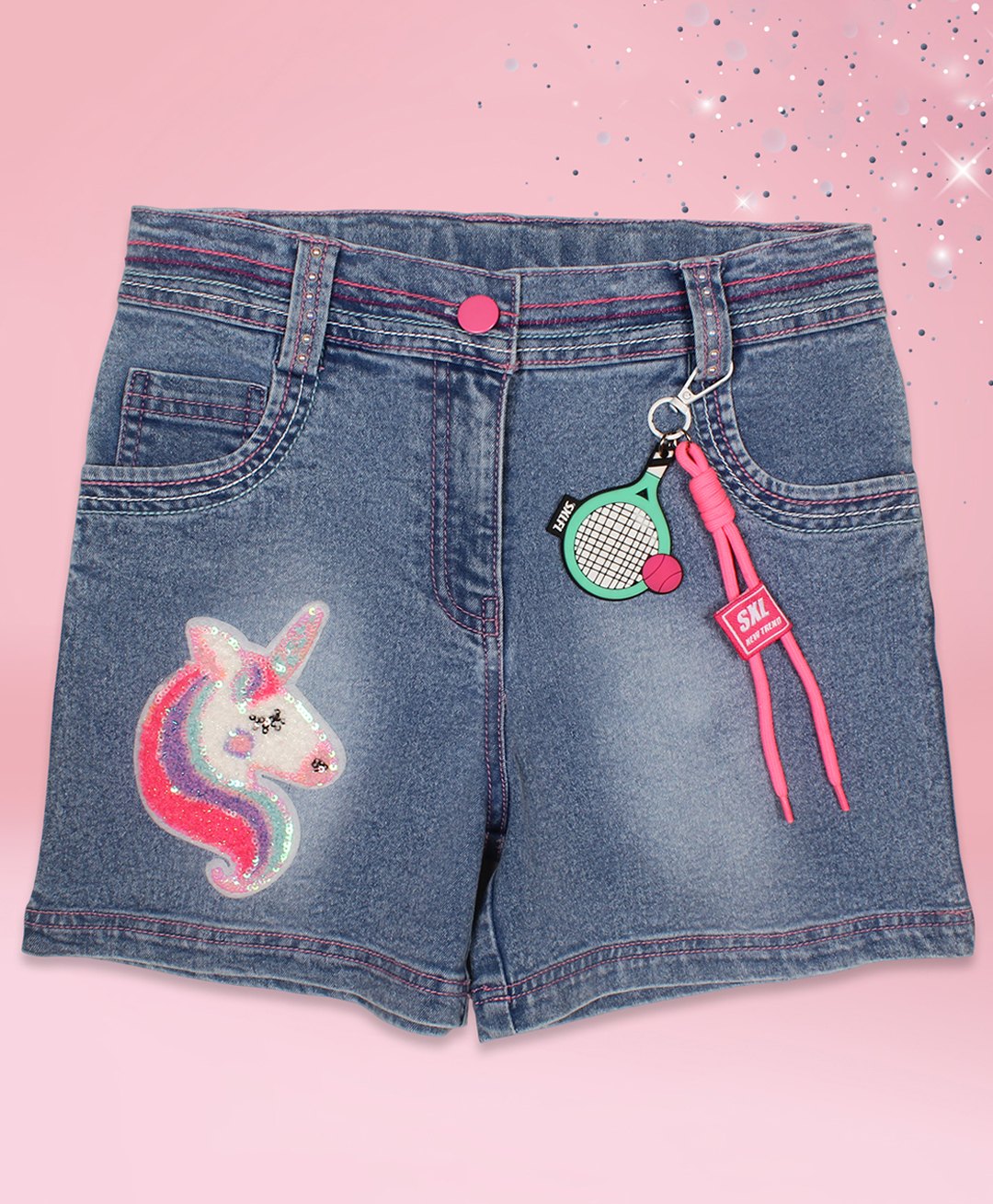 cutecumber denim unicorn sequins embellished mild washed shorts with keychain - blue