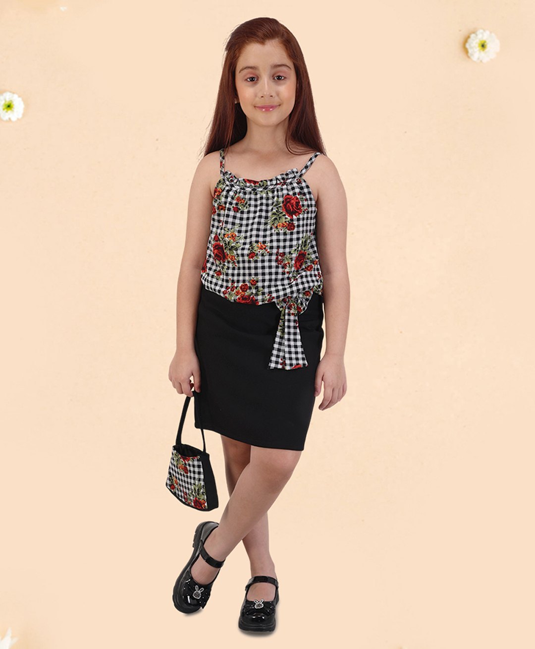 Cutecumber Sleeveless Floral Printed & Checked Dress With Sling Bag - Black-image-18