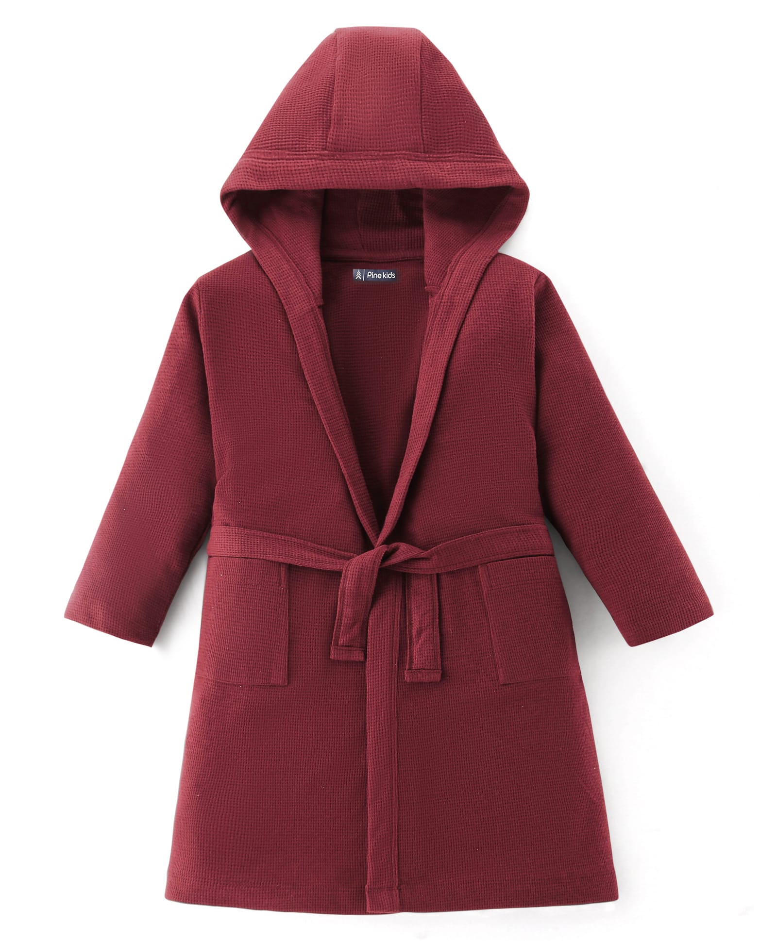 Pine Kids Cotton Knit Full Sleeves Solid Color Hooded Bath Robe - Maroon-picture-33