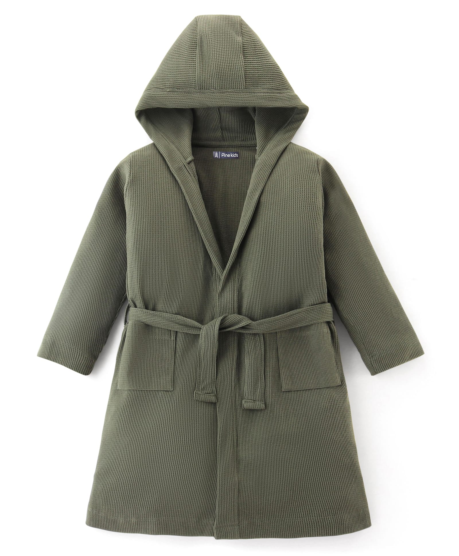 Pine Kids Cotton Knit Full Sleeves Solid Color Hooded Bath Robe - Olive Green-picture-32