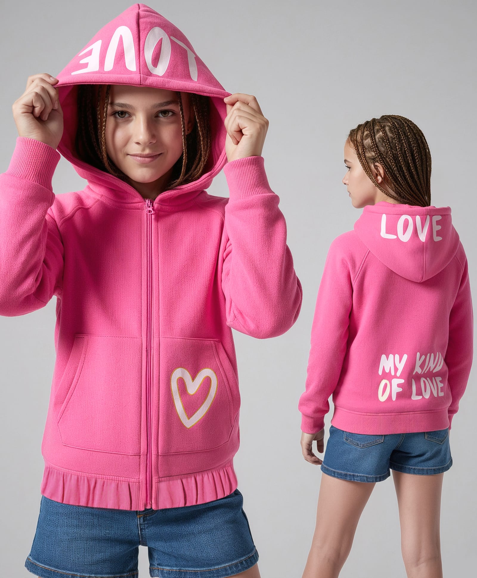 Primo Gino 100% Cotton French Terry Knit Full Sleeves Hooded Sweatjacket With Kangaroo Pocket and Heart Print - Pink-picture-13