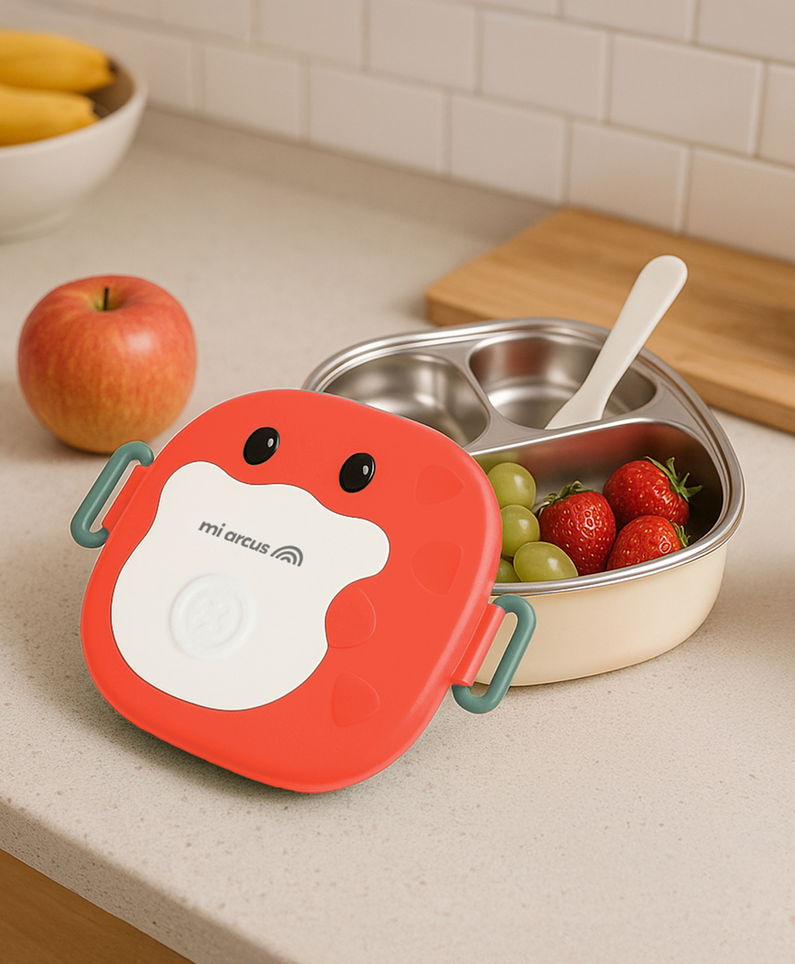 Mi Arcus Portable Cute Animal Themed Lunch Box with Compartment & Spoon - Red, 6m+