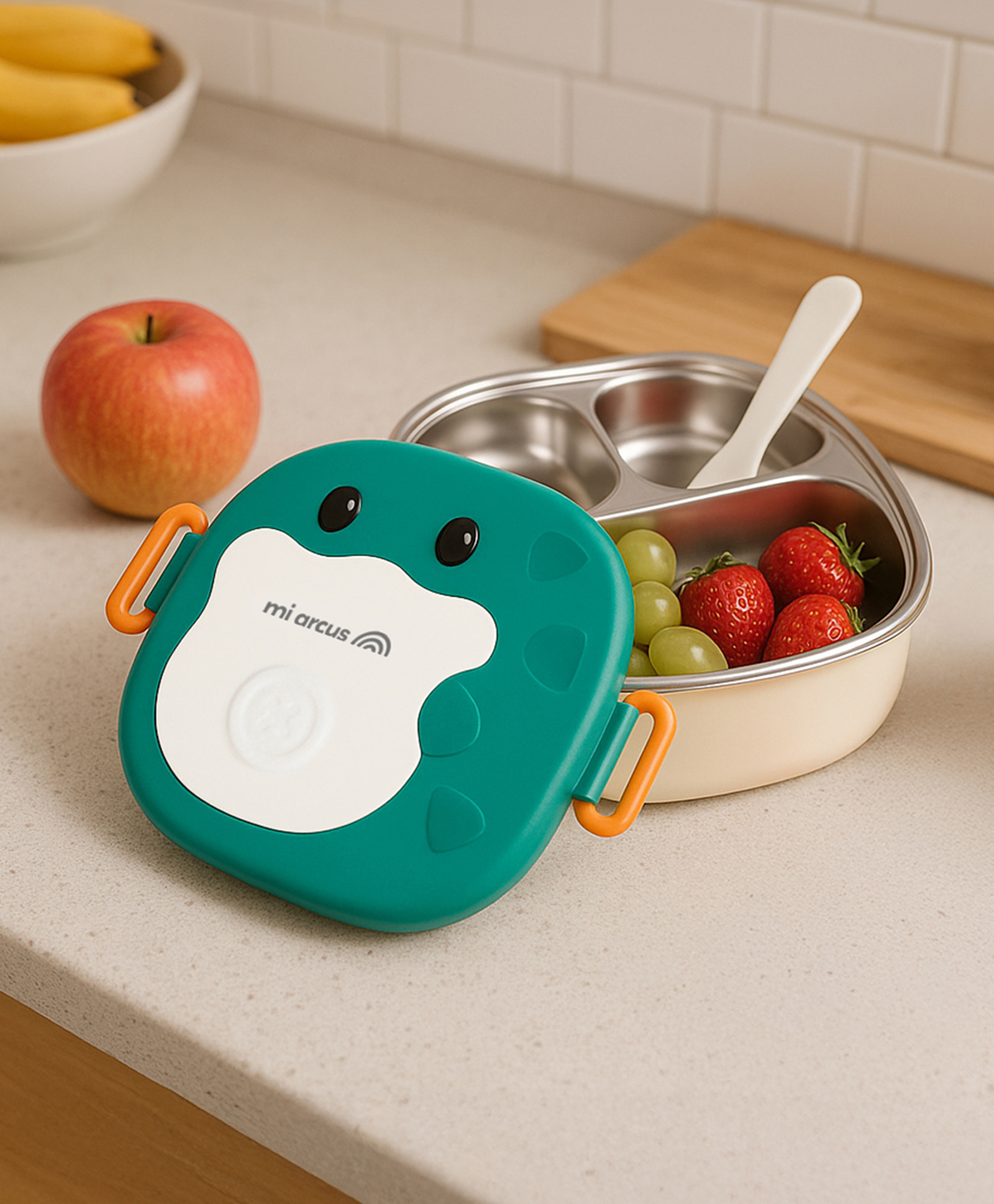 Mi Arcus Portable Cute Animal Themed Lunch Box with Compartment & Spoon - Green, 6m+-image-2